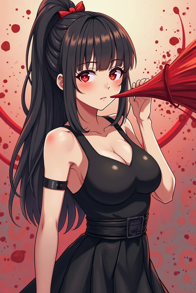 masterpiece, best quality, very aesthetic, absurdres, newest, showing a pregnancy test, 1girl, close-up of face, blush,smile,,yor_briar,spy_x_family, bare_shoulders, black_choker, black_dress, black_gloves, black_hair, black_thighhighs, breasts, choker,cleavage, collarbone, covered_navel, dagger, dress, earrings, fingerless_gloves, gloves, gold_earrings, gold_hairband, hair_up, hairband,jewelry, large_breasts, red_eyes, red_nails, sidelocks, sleeveless, sleeveless_dress, thighhighs, two-sided_dress, two-sided_fabric,,in hell