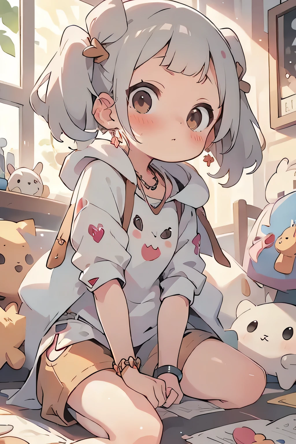 huge, twintails, Silver Hair, hoodie, Vintage Gothic, pause , cute, looks up, high quality, necklaces, ring, Bracelets, Earrings, Low rise short pants,