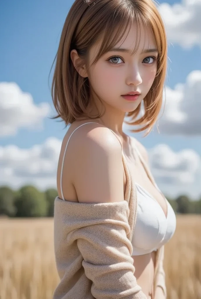 waist up, looking at viewer with a serene and goddess-like happiness, (againts pink leaves) tree, natural skin texture, 4k textures, soft cinematic light, intricate details, elegant, highly detailed, sharp focus, soothing tones, exposure blend, hdr, faded, hyperdetailed, backlighting, 85mm, close-up, best quality, (photorealistic:1.2), volumetric fog, analog style, (cinematic look), blonde, green eyes, bob hair, 1girl, glowing skin, blush, upturned eyes, cleavage