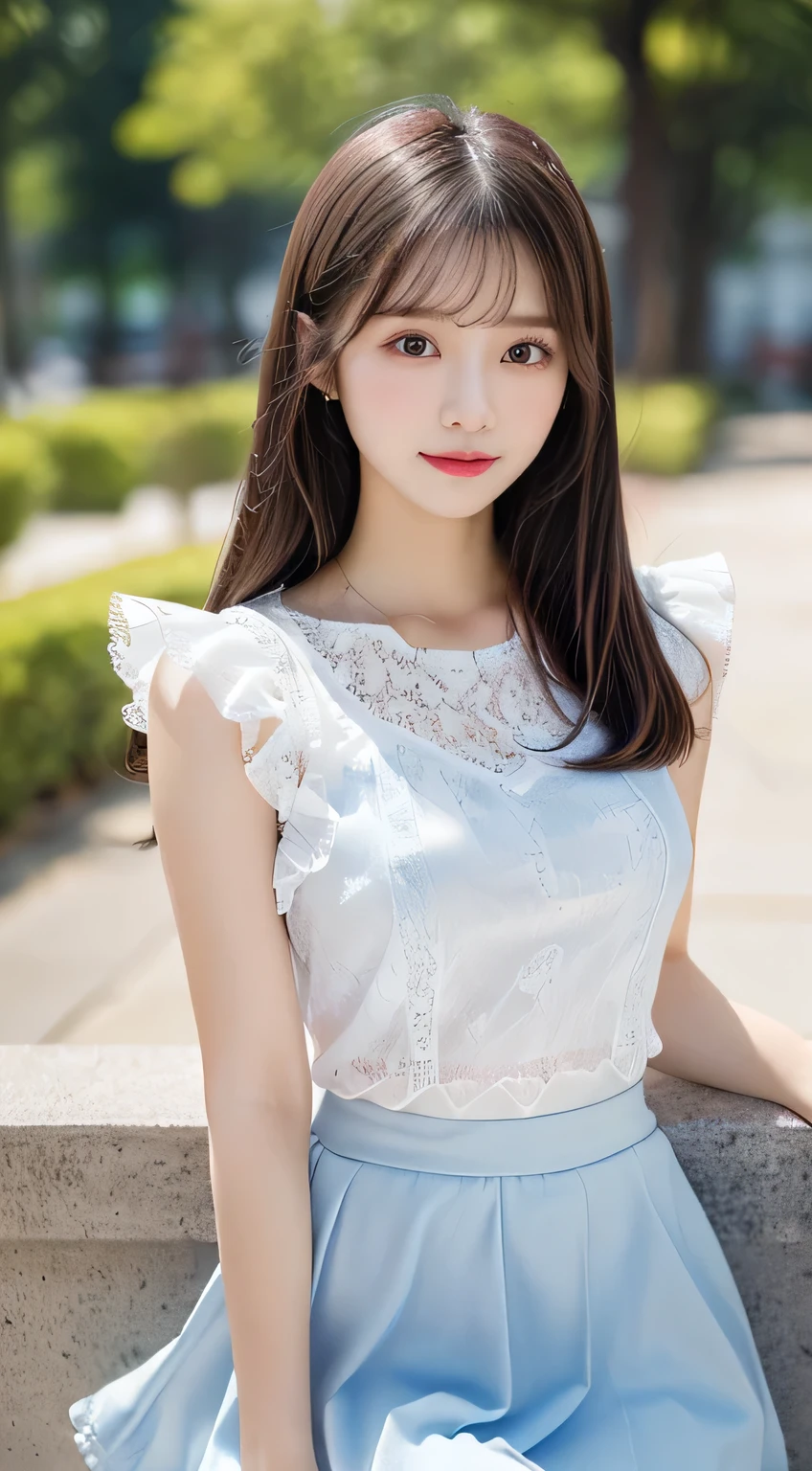 (beautiful girl、cute face、stares at viewers:1.3)、top quality,8K image、 perfect double eyelids、happy、natural color makeup、Moist lips、white skin、(straight hair、medium hair、straight hair, Strongly Blurred White Background 、white camisole、 frill、 frill、Midi Skirts、blue lace skirt、summer:1.3),