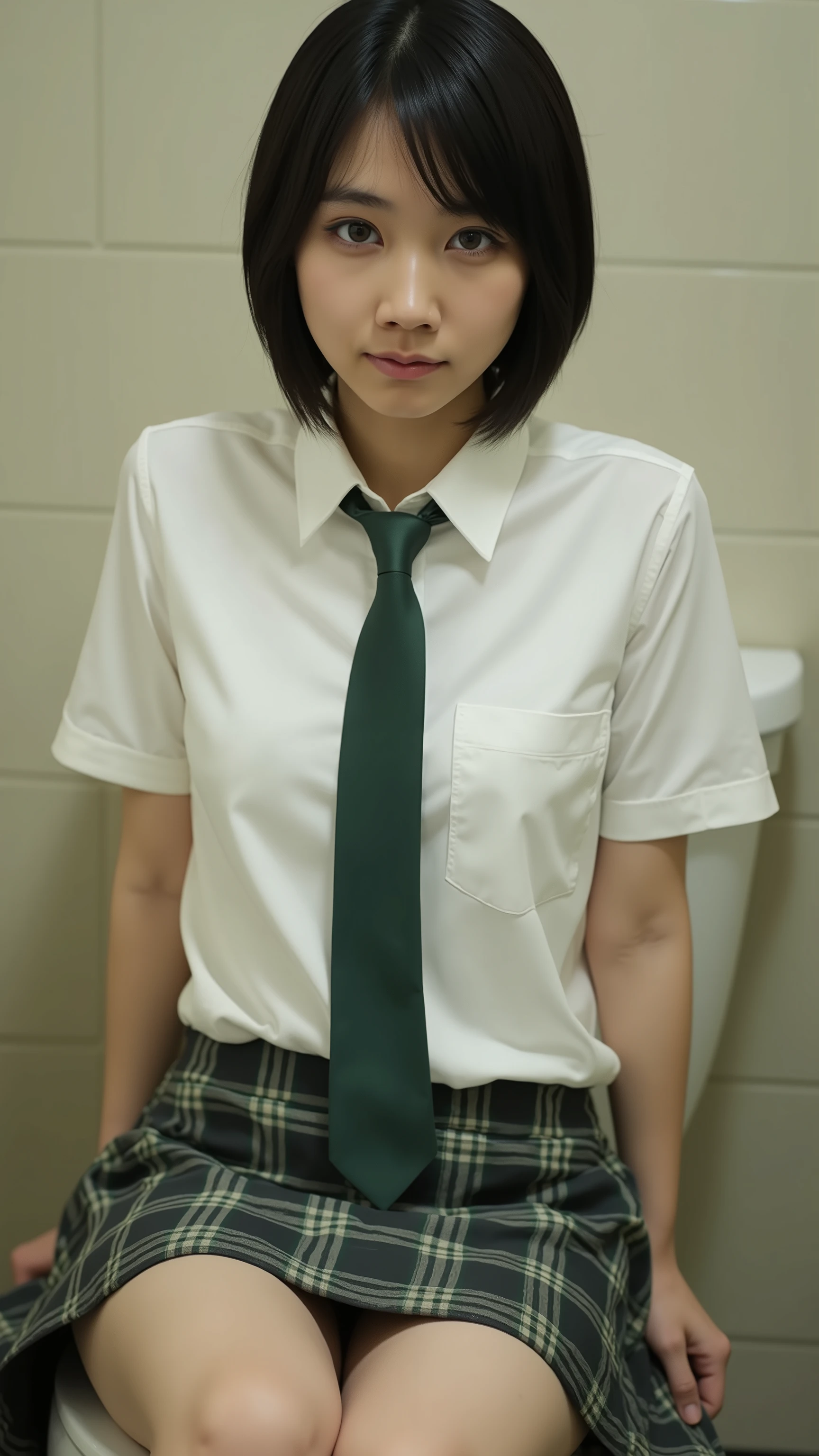 A high resolution photograph of a Japanese young actress, (realistic, photo-realistic:1.37), (masterpiece,highest quality:1.2), RAW Photo, 8k, cinematic lighting, portrait, solo, 1girl, slender body, small breasts, dark hair, (short hair, bangs), 
detailed face, detailed eyes, beautiful pupils, sophisticated nose, pale skin, smile, 
(white collared shirt, green tie, short sleeve, plaid skirt, thighs:1.4), (sitting on the toilet in private toilet room with skirt lift, open legs:1.4),
anatomically correct proportion, detailed hand, detailed fingers, from above, indoors,