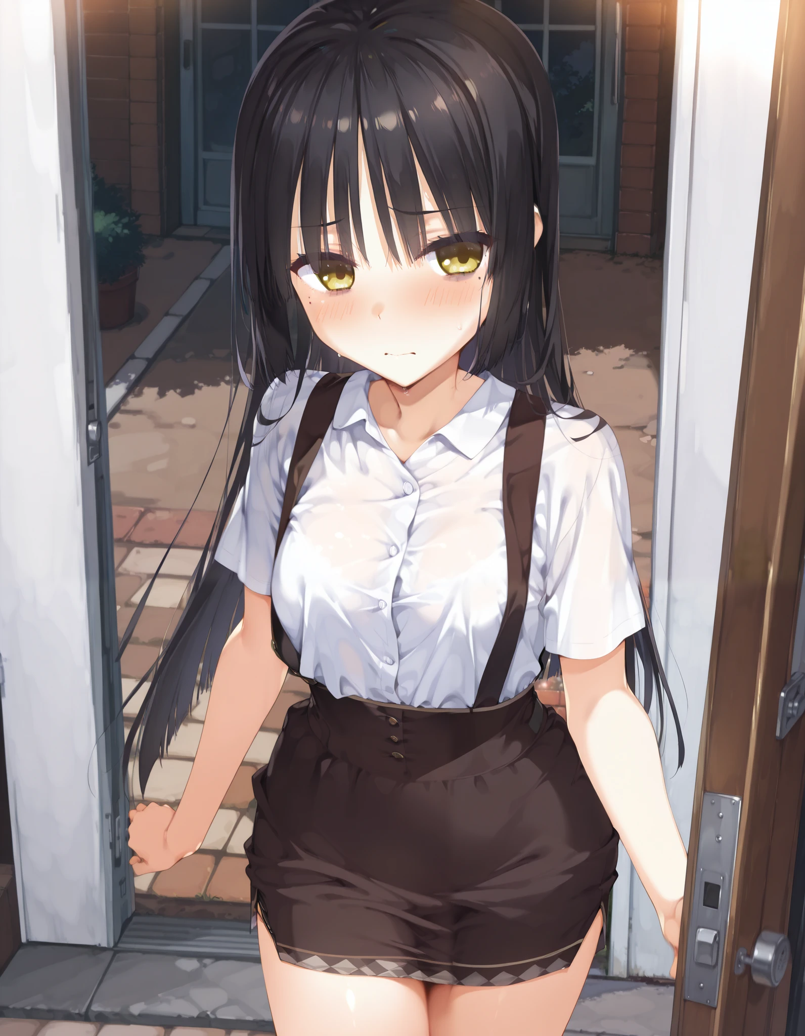 score_9, score_8_up, score_7_up,
shiki natsume, Cafe Stella、Shinigami no Butterflies, Muririn ,
long hair、 black hair, bungs, blunt ends, yellow eyes, moles under eyes,
white collared shirt, dress shirt, black skirt, High Waist Mini Skirt, suspenders、
(embarrassing、blushes、 outdoors:1.5)、cowboy shot hiding underarms、、Divert your gaze
foyer、open door、night、night景、