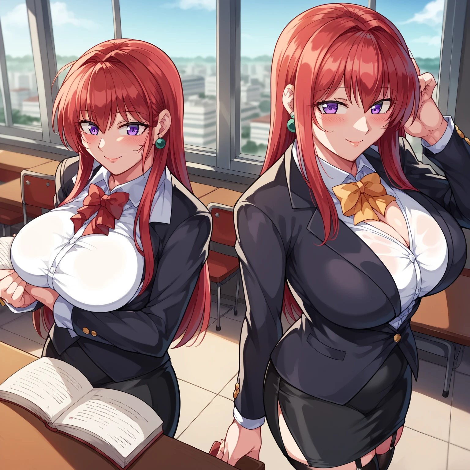 ((Masterpiece, Best)), (1girl,solo,alone), (Mature woman), red hair, Open Chest Temptation, flared, (school girl), bangs, super huge gigantic breasts, cleavage showing, Glasses lady, (full), Slim, Smile, [Curvy, Wide hips, pov view, giant ass facing the viewer], classroom, standing, Understood  (blue file), 8K picture quality, Sexy seduction, ((unbuttoned school girl uniform)),Completely naked,puffy nipple