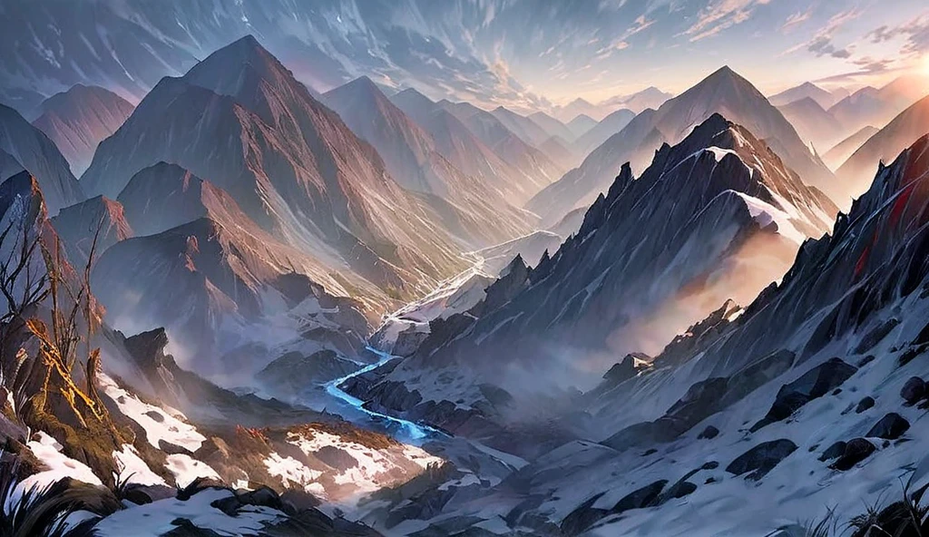 Lords of the rings style snowing path leading into a narrow, elongated valley surrounded by dark, jagged mountain ranges. Numerous streams of murky, contaminated water flow down the steep, barren slopes, their surfaces shimmering with a sickly, poisonous hue. The air is still and silent, with no signs of life or vegetation, and the oppressive atmosphere is amplified by the absence of sound, as if the valley itself has been abandoned by nature.