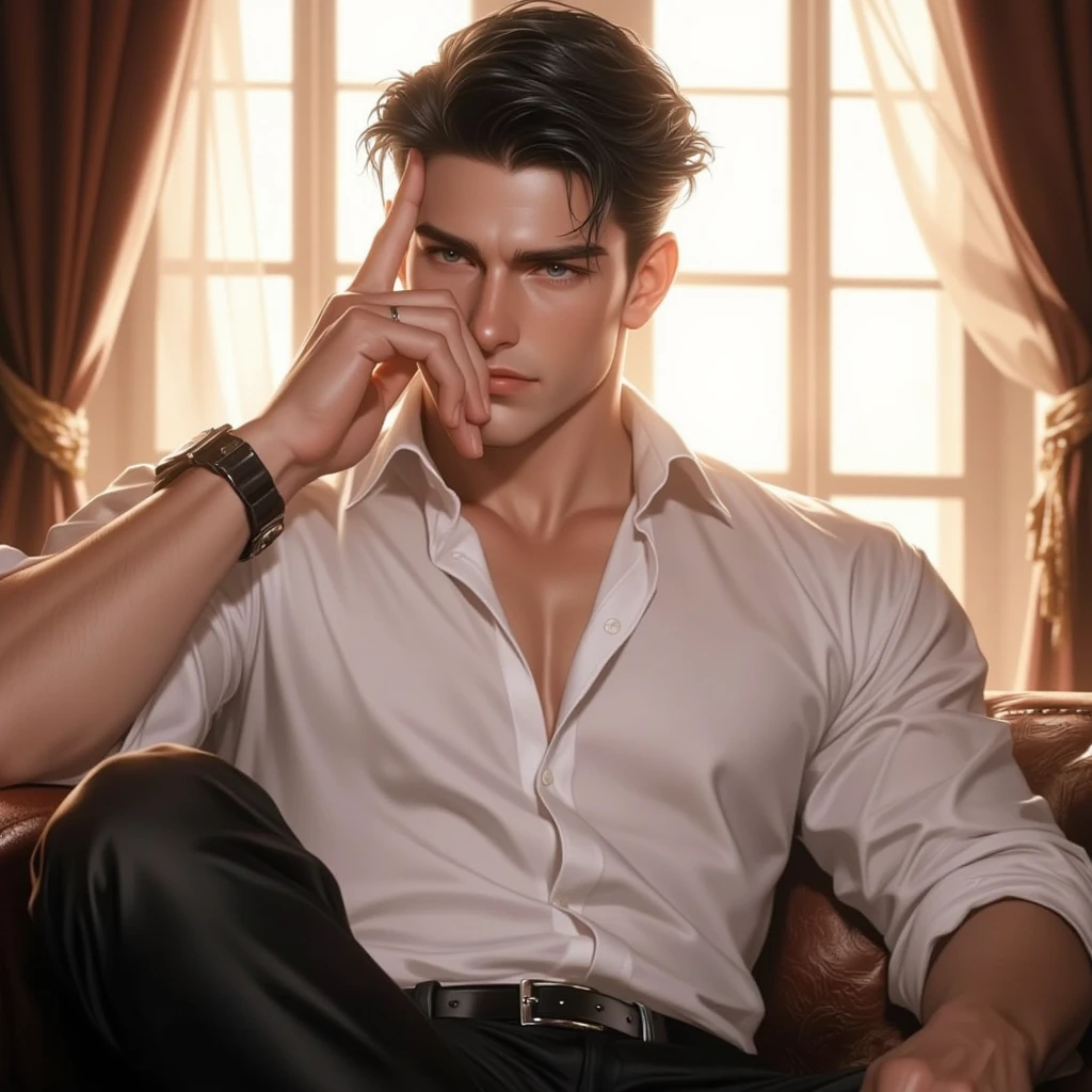 Wet Sexy man, male in a wet white shirt and tan pants sitting on a chair, big chest, handsome man, handsome guy, handsome stunning realistic, portrait of a handsome man, clothed in wet white shirt, sweat, ((best quality)), ((masterpiece)), (detailed)