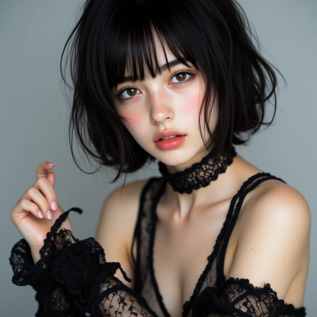 masterpiece,(best quality,top quality,8k),realistic,photorealistic,detailed eyes and face,young,18y,(1girl), brown eyes, black hair, messy hair, short hair, hair between eyes, goth, gothic, choker, (thick lips:1.2),soft smile, (black bikini,small breast), pretty girl, beauty skin, ultra high res, raw photo , detailed body ,(puffy eyes) ,good contrast , high sharpness,(gorgeous),realistic,RAW Photography,(hyperdetailed:1.2)