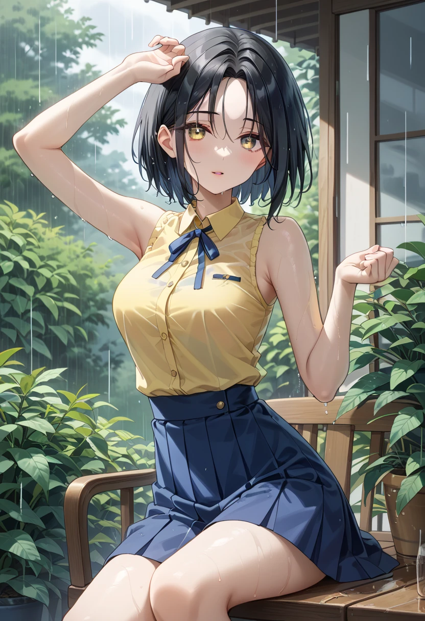 best quality, masterpiece, highres, solo, {baltimore_azurlane:1.15}, short_hair, bangs, brown_hair, yellow_eyes, braid, breasts, large_breasts, hair_between_eyes, blush, ahoge, french_braid, collarbone, smile, cleavage, sidelocks, 1girl, bag, black_choker, choker, collared_shirt, looking_at_viewer, loose_necktie, necktie, school_bag, school_uniform, shirt, short_sleeves, wet, wet_shirt, white_shirt, black_necktie, see-through, wet_clothes, black_hair, clothes_around_waist, one_eye_closed, open_mouth, pleated_skirt, skirt, black_skirt, cardigan, cardigan_around_waist
