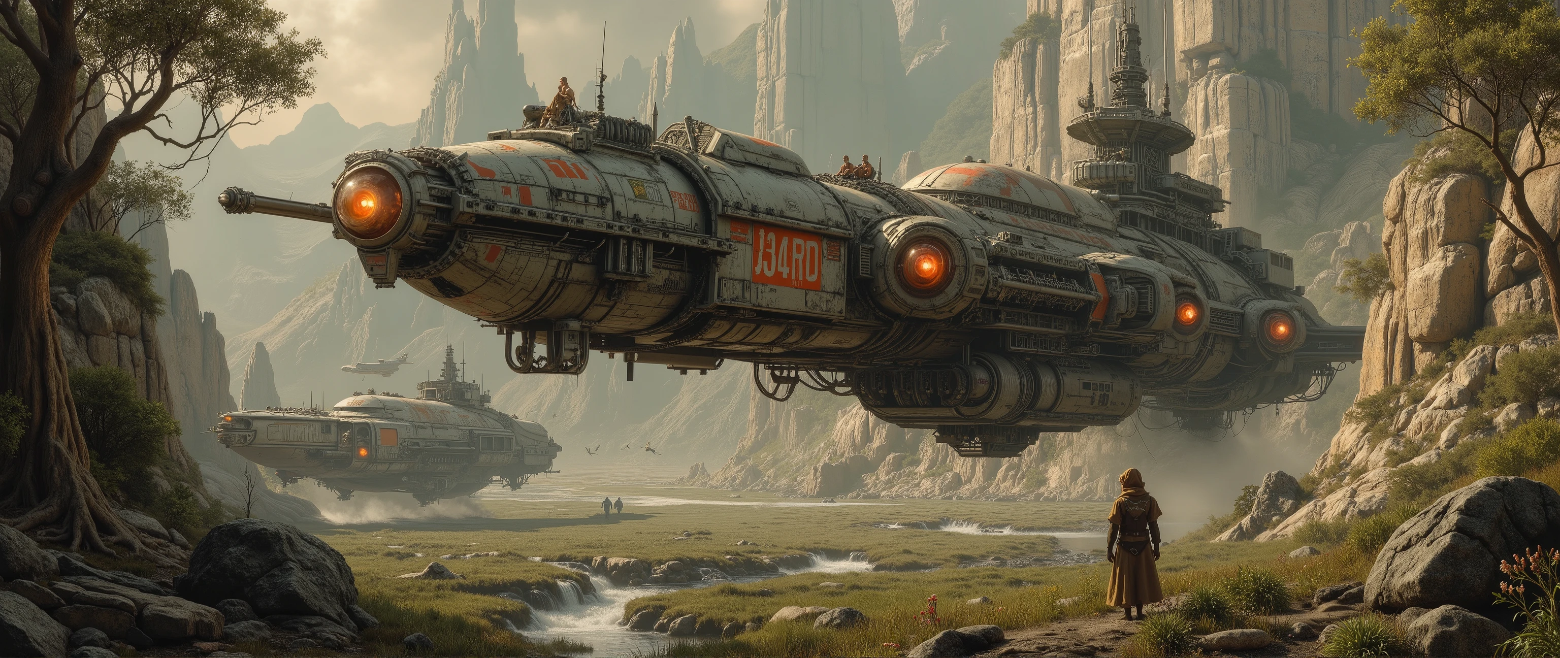 epic oil painting , 16 thousand., photo quality, The fantasy zone , science fiction, fantastic landscape with warships and living organisms, portrait of a starship captain's girlfriend inside the command cabin and managing a starship landing with her crew, A huge warship with reinforced armor plates and protective paint with tactical numbers and the emblem of a mechanized division flies very low over the mangrove swamp of an unknown planet, dangerous mangrove planet with mangrove swamps , , a dangerous marsh planet with springs flowing through the rocks and small picturesque waterfalls, Orion constellation universe, with a scrupulous drawing of all the small details, detailing with thousands of small details , epic oil painting , Bird's-eye view, close-up of a smelling flower, 16 ,
