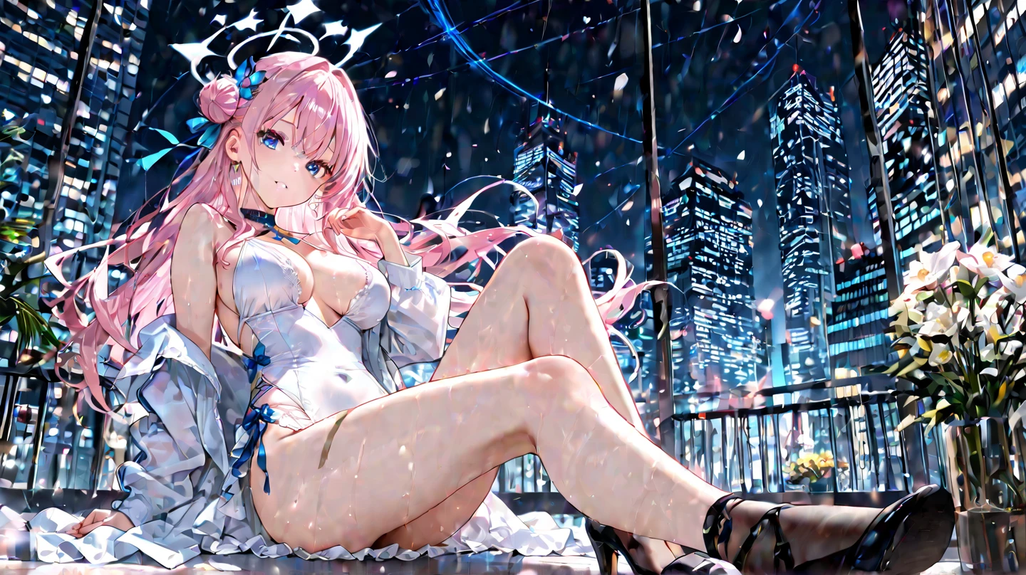 Official fine art,tmasterpiece,Sharp focus,,Delicate and beautiful hair and eyes and face,realisticlying,ultra - detailed,a beauty girl,blue-sky,Glowing white particles,(side-lighting:1.2),rays of sunshine,baiyun,Detailed clouds,Slender,Cute big breasts and big buttocks,Toothy laughter,((Laugh and open your eyes)),scenecy,Long straight hair, sexy facial expression, buliding, (Cityscape:1.7), Dynamic hair, Long straight hair, Delicate platinum-pink hair, glow blue eyes, (blue pleated shirt+white skirt), Long white socks, paleskin, hair adornments, epic landscapes,deep in the night,I pushed open the door of the neighbor's aunt,She lay on the backrest chair,Secretly watch a small movie,Masterpiece, Best quality, A high resolution, Ah 4, long white hair, Japanese clothes, Bare shoulders, white thighhighs, Hair ribbon, Large breasts, forest, standing, Cowboy shot,make,2 girls,tongue kissing,Breast-to-breast contact,2girls,(Lady:1.2), ((Extremely detailed face, Hair, skin, Eyes)), hdr, 4K, 16k, 32K, 64k, 128k, 256k, 512k, Asymmetrical balance, teas, FXAA, Anti – Aliasing, Intricate details, Fantastic, magic, Light rays, Ray traching, post-proces, eyeslashes, (eye shadows), eyes liner, mascara, Makeup, Yuri, (Thighs:0.8) NSFW, Dynamic Angle(Large breasts),tongue kissing,grabbing breast,Hanfu,High heels