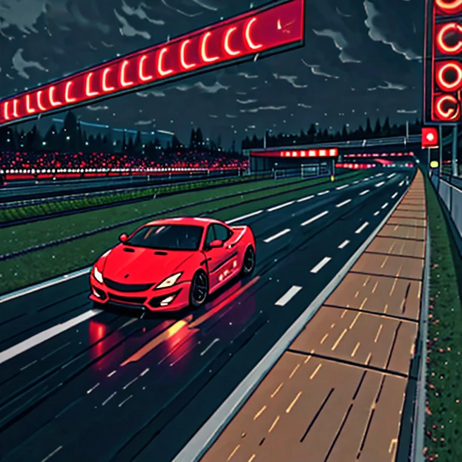 Rainy night racing on the road