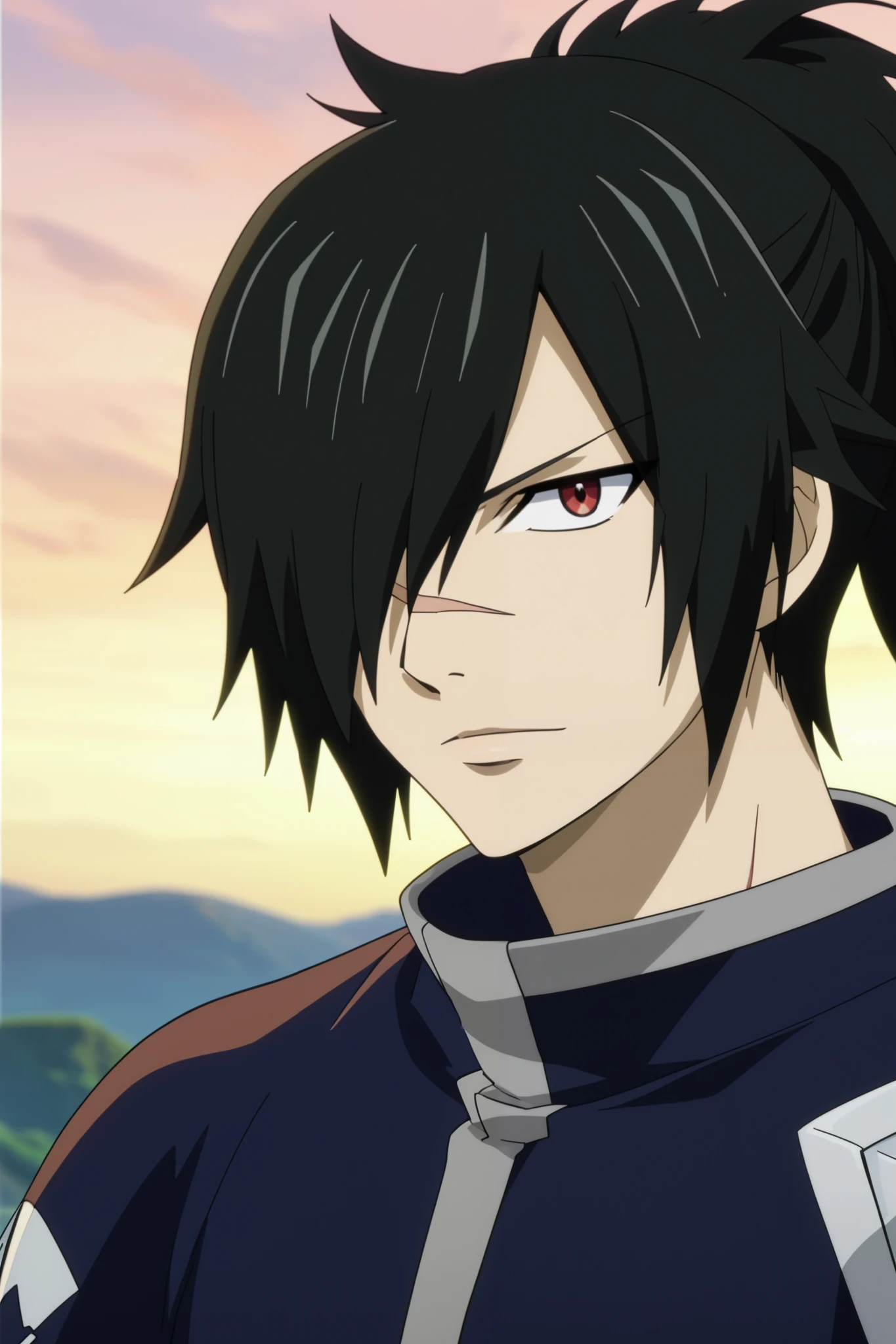 score_9, score_8_up, score_7_up, source_anime, rating_safe, rogue_cheney, black hair, red eyes, ponytail, hair over one eye, scar, tattoo, close-up, happy,, 1boy, male focus, anime screencap, best quality, official style, depth of field, looking at viewer, sky background with soft shadows, soft blue lighting highlighting his features, high-quality anime details, vivid colors, official style, Expressiveh, best quality, amazing quality, very aesthetic, high resolution, ultra-detailed, absurdres, newest, volumetric lighting, masterpiece, scenery, depth of field,