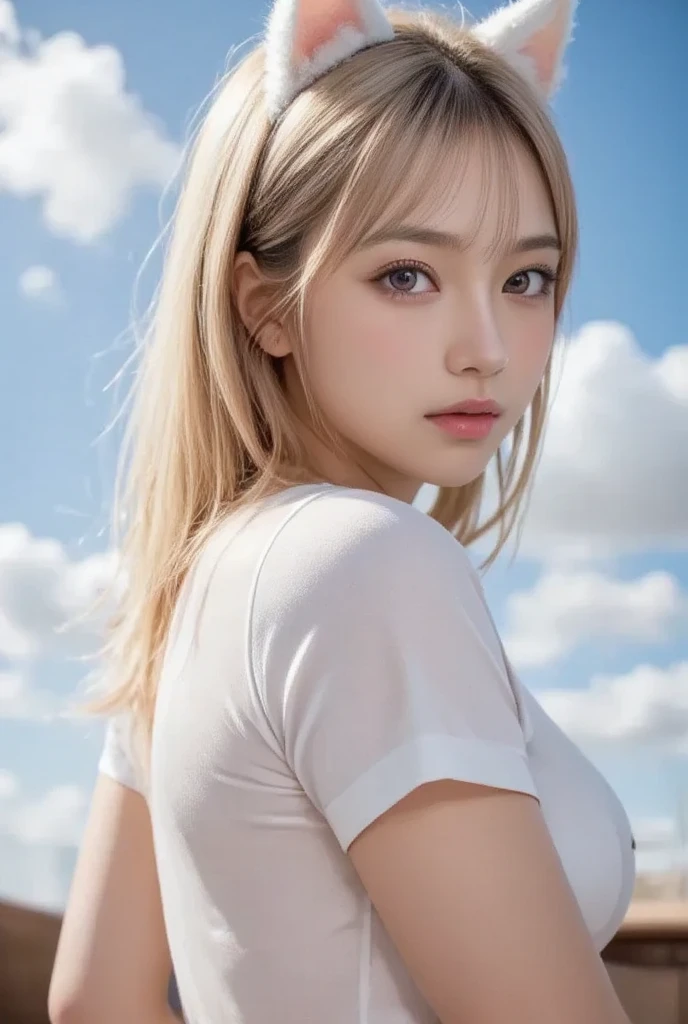 (masterpiece),(best_quality), ultra high res,4K,ultra-detailed, photography, 8K, HDR, highres, (absurdres:1.2)straight-on, upper body, solo, blonde hair, long hair, hair between eyes, blue eyes, bangs, collarbone, spiked hair, small breasts, green eyes, choker, blue t-shirt, (pleated skirt:1.2), jewelry, official art, extremely detailed CG unity 8k wallpaper, perfect lighting, Colorful, Bright_Front_face_Lighting, shiny skin, Kodak portra 400, film grain, blurry background, (bokeh:1.2), lens flare, (vibrant_color:1.2), professional photograph, (beautiful_face:1.3),