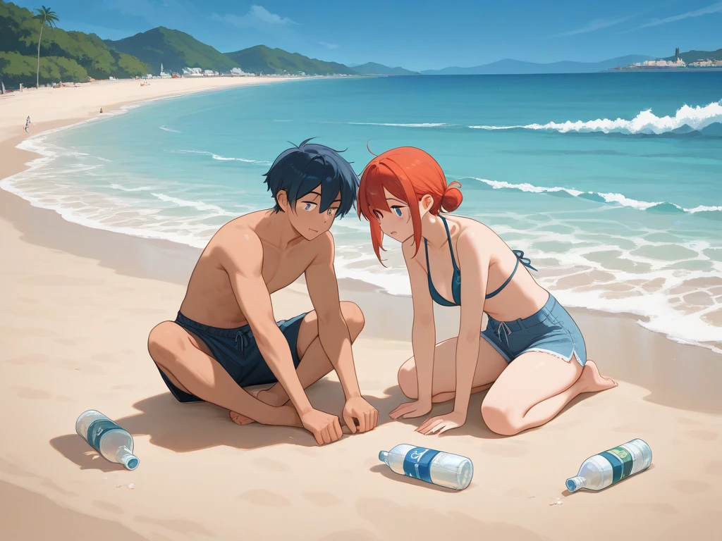 Man and woman couple wearing t-shirts having fun at the beach in summer,"Clear eyes"、"Sparkling Eyes"、"Detailed depiction of the iris"