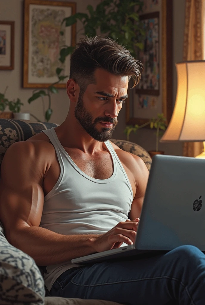 thiago finch, sitting in a chair with a computer, with good lighting