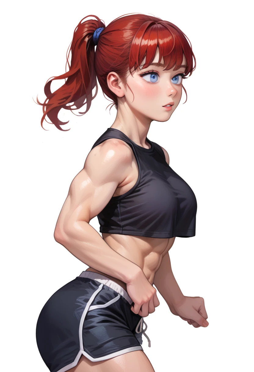 Short shy Japanese girl revealed to be muscular, 1girl, 17 years old, powerhouse, ginger blonde hair, tanned porcelain skin, ponytail hair, contact lenses, (wearing sports bra and karate zubon pants and black belt), small breasts, flat chested, chiselled abs, 8-pack abs, abs of steel, shredded abdominal muscle, cut lower obliques, washboard abs, strong calves, lean, gorgeous, tiny waist, standing in dojo, wearing make up, muscular legs, ice blue eyes