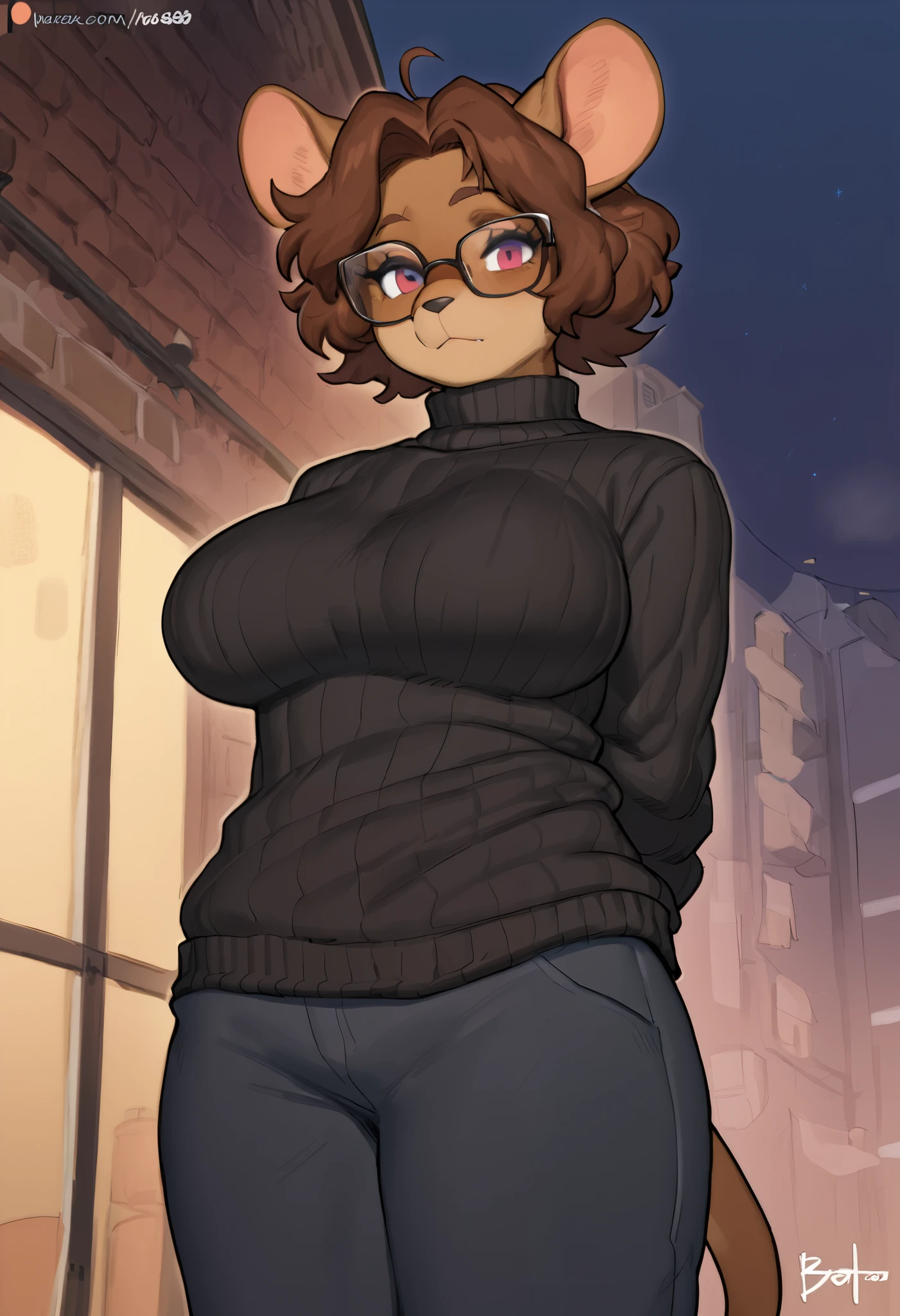 By meesh, by buta99, by inax, by bebebebe, ((newest, highest quality, hi res, masterpiece, detailed shading, highest rated)), mouse, dark blue turtleneck sweater, black jeans, standing, solo, looking at viewer, short hair, wavy hair, tired, (plump, thicc, large breasts), brick buildings, darkness, dramatic lighting, night time, dark buildings, midnight, brown fur, dark brown hair, (((glasses, rectangular glasses, GG3683 Glasses))), hands behind back, short
