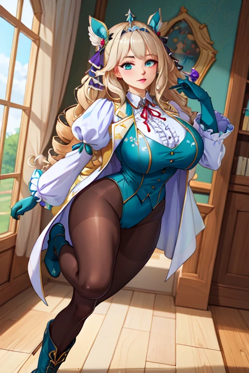 (masterpiece, best quality, plain background:1.2) full body standing height straight symmetrical looking to the viewer, view from below, cowboy shot, huge boob, 1MILF, smile, hands on hips, twin tails, twin drills, dress, striped pantyhose, handcuffs on their hands with a collar around the neck