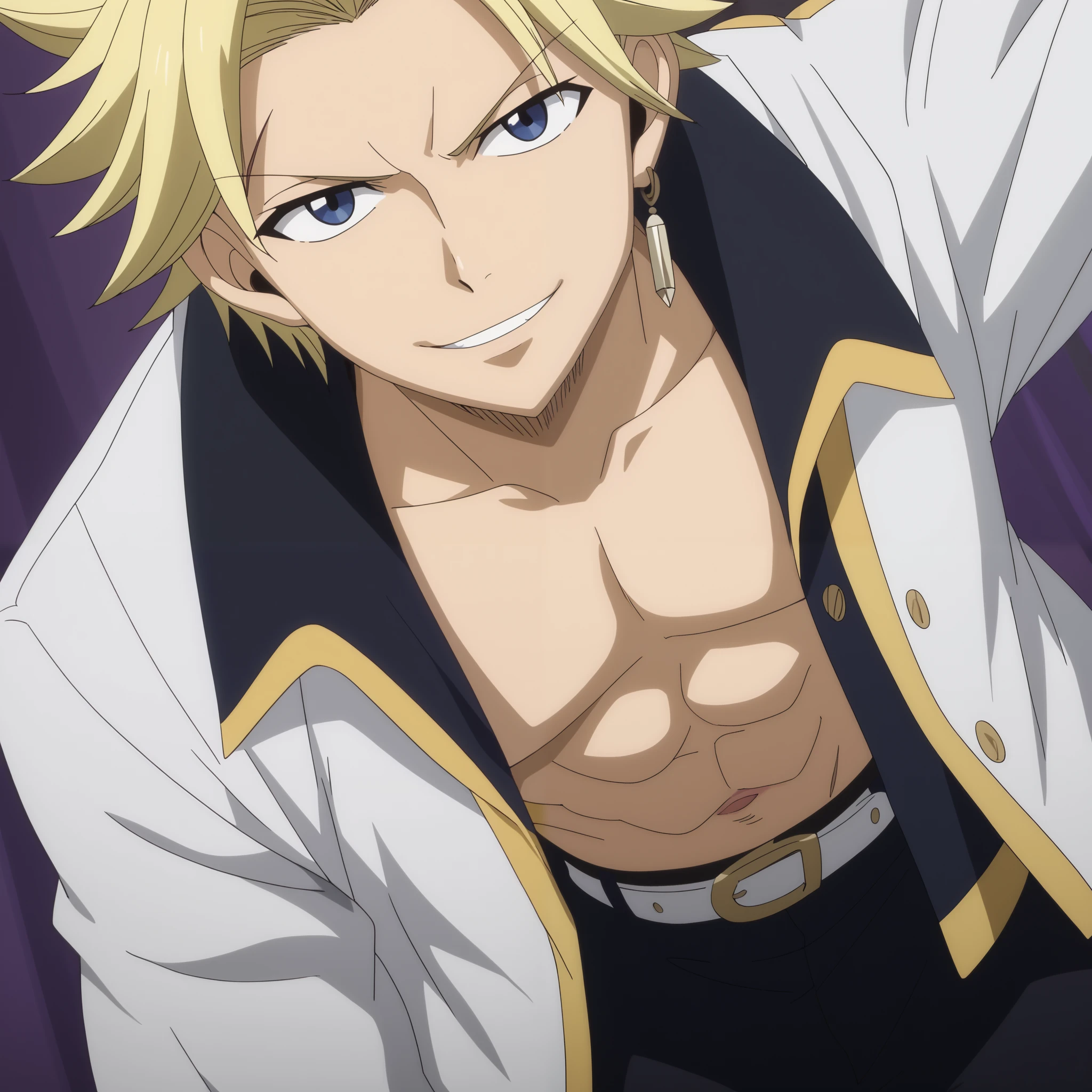 close-up, looking at viewer, score_9, score_8_up, score_7_up, source_anime, StingFT, Sting blonde hair, light yellow Sting, 1boy, male focus, anime screencap, a white men's jacket with black details, which fits his athletic figure. Underneath, he wears a black long sleeved T-shirt. His pants are dark and tight fitting, and he completes the look with white fingerless gloves that add a modern touch. He also usually wears a belt with a decorative buckle. Official style, smile, happy