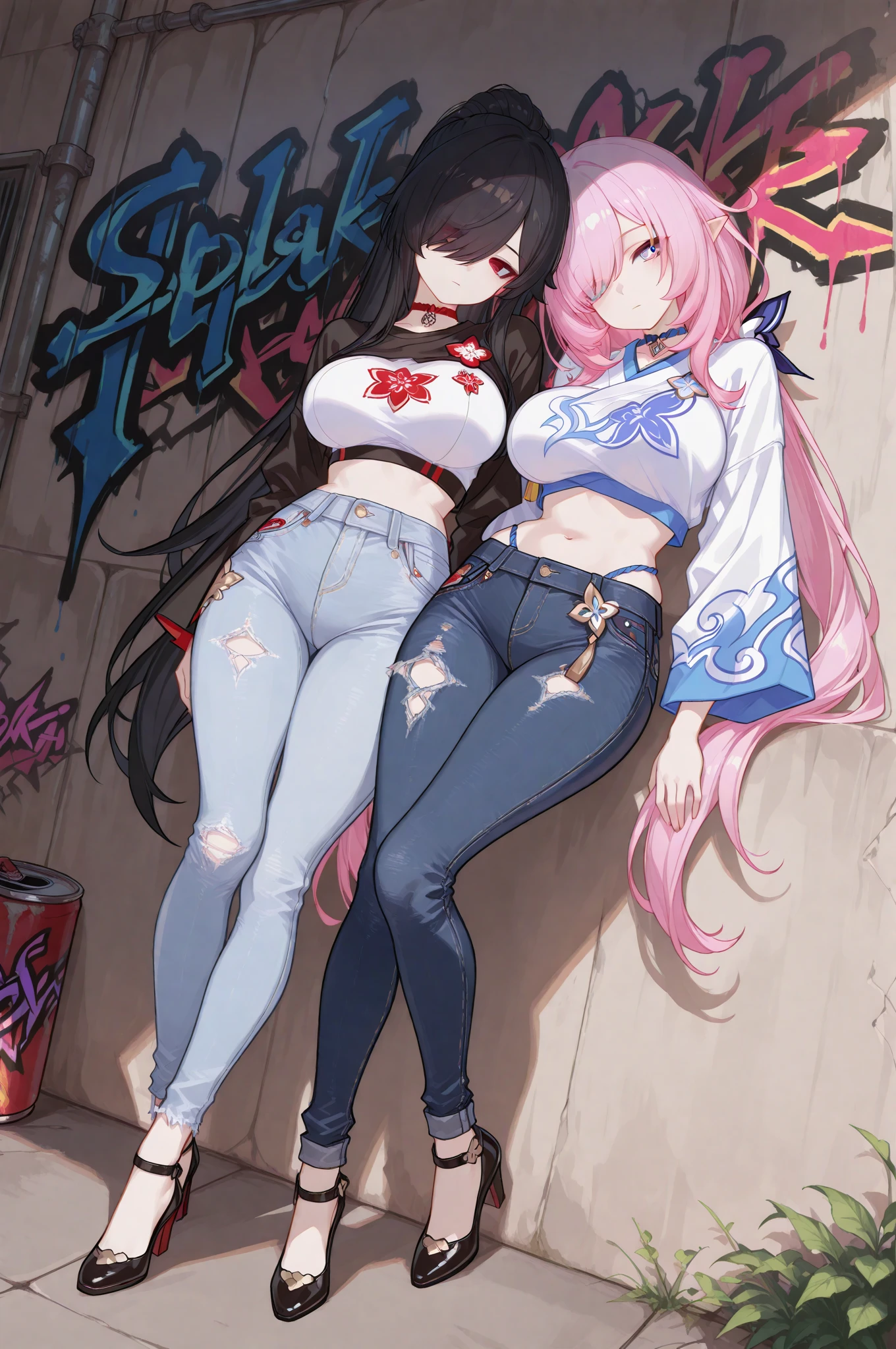 girl similar to gorillaz noodle, blonde hair tied up ((drawing)), ((anime girl nose)), stylish girl in profile view, wearing a fluffy pink jacket over tight iridescent pants and pink high-top skates. Include details like reflective qualities on the pants, imitating shiny fabric,