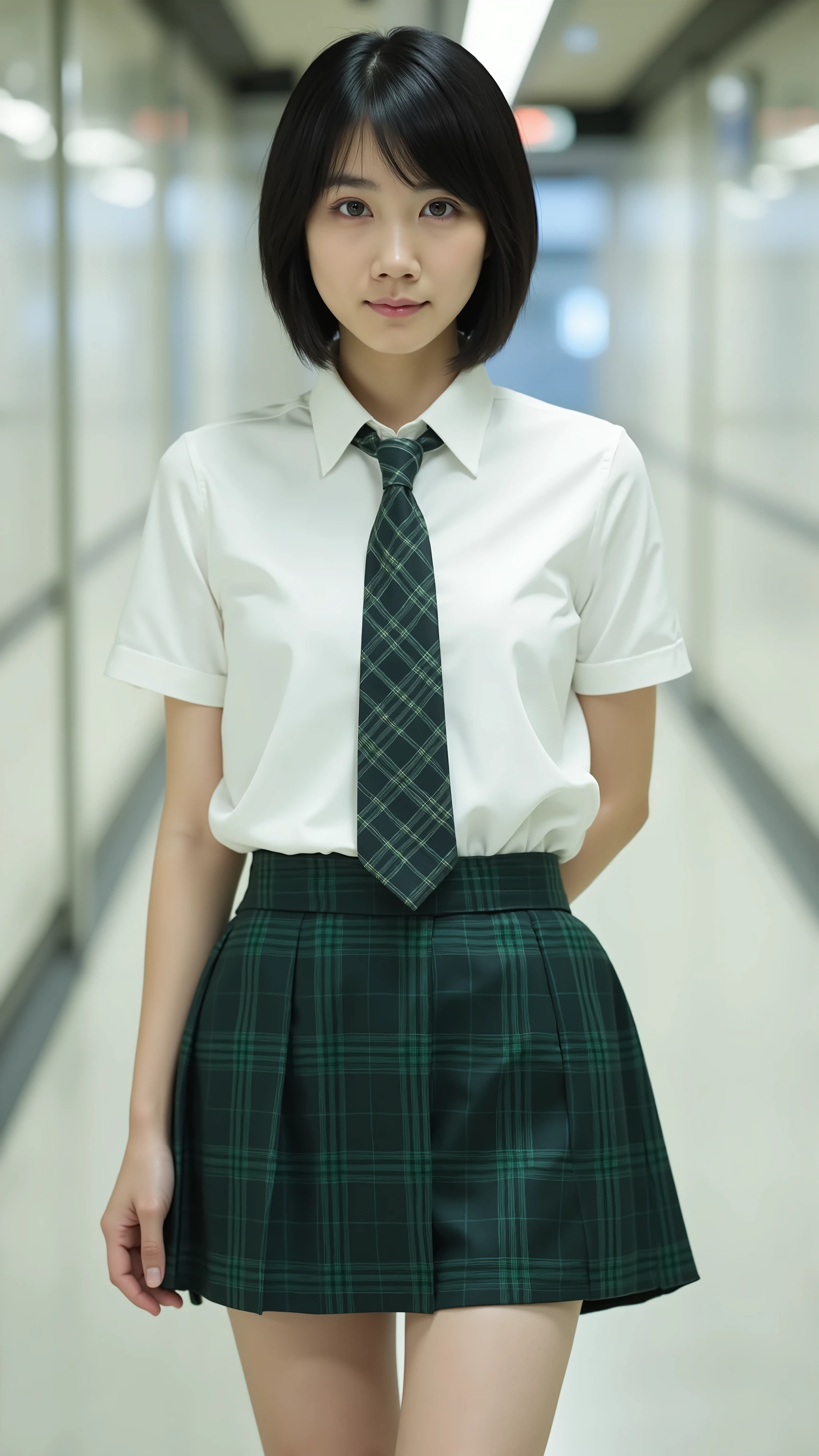 A high resolution photograph of a Japanese young actress, (realistic, photo-realistic:1.37), (masterpiece,highest quality:1.2), RAW Photo, 8k, cinematic lighting, portrait, solo, 1girl, slender body, small breasts, dark hair, (short hair, bangs), 
detailed face, detailed eyes, beautiful pupils, sophisticated nose, pale skin, smile, 
(short sleeve white collared shirt, green plaid tie, green plaid skirt, thighs:1.4), (standing, skirt lift, open legs:1.4),
anatomically correct proportion, detailed hand, detailed fingers, from above, indoors, empty corridor leading to the subway station, white tile wall, white tile floor, illustration, 
