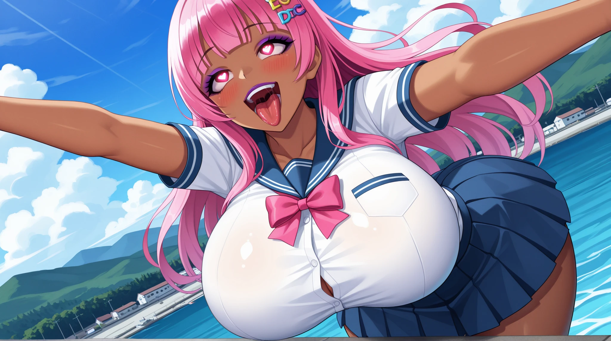 Score_9, score_8_up, score_7_up, score_6_up, score_5_up, score_4_up, source_anime, cute girl, detailed eye, sailor uniform, sleeveless, ponytail, sagging gigantic huge biggest breasts, huge dark areolae, areola slip, dark nipple, hairy stomach hair, hairy armpit hair, Japanese, cute Japanese, midriff-baring, sweating, heart mark words, in train, hentai atmosphere, wide hip, tanned skin, cum shot, blushing smile, handjob, penis, hands down, gyaru, looking away