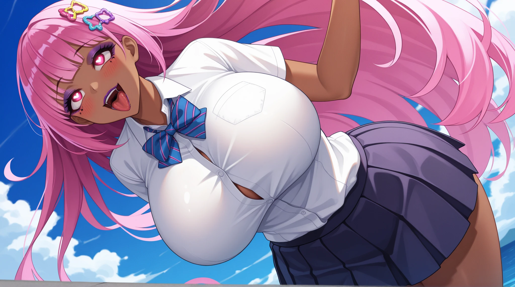 Score_9, score_8_up, score_7_up, score_6_up, score_5_up, score_4_up, source_anime, solo, 1girl, mature female, honoka_\(PRAYER\), dark skin, dark-skinned female, makeup, eyeshadow, gyaru, tanned skin, shiny skin, Metallic Tan, colored skin, jet-black skin,(( ,Goto alone, Lewd clothes,Improve))Browsing Caution,glamorous, blush, Blushed, Yellow Eyes, Long curly blonde hair, Tan Lines, Improve clothes, Improve, Huge boobs , Huge ass , Sex with 3 old men , naked,Ample breasts,Huge breasts, Cleavage, smile, Pink Hair, Long Hair, Hair between the eyes, Blue eyes, Cube hair ornament, Seductive eyes,Accentuated breasts,Detailed eyes and face, Micro Bikini,Micro Skirt, Panty Peak,supright straddle,vaginal,sex,hug,from side