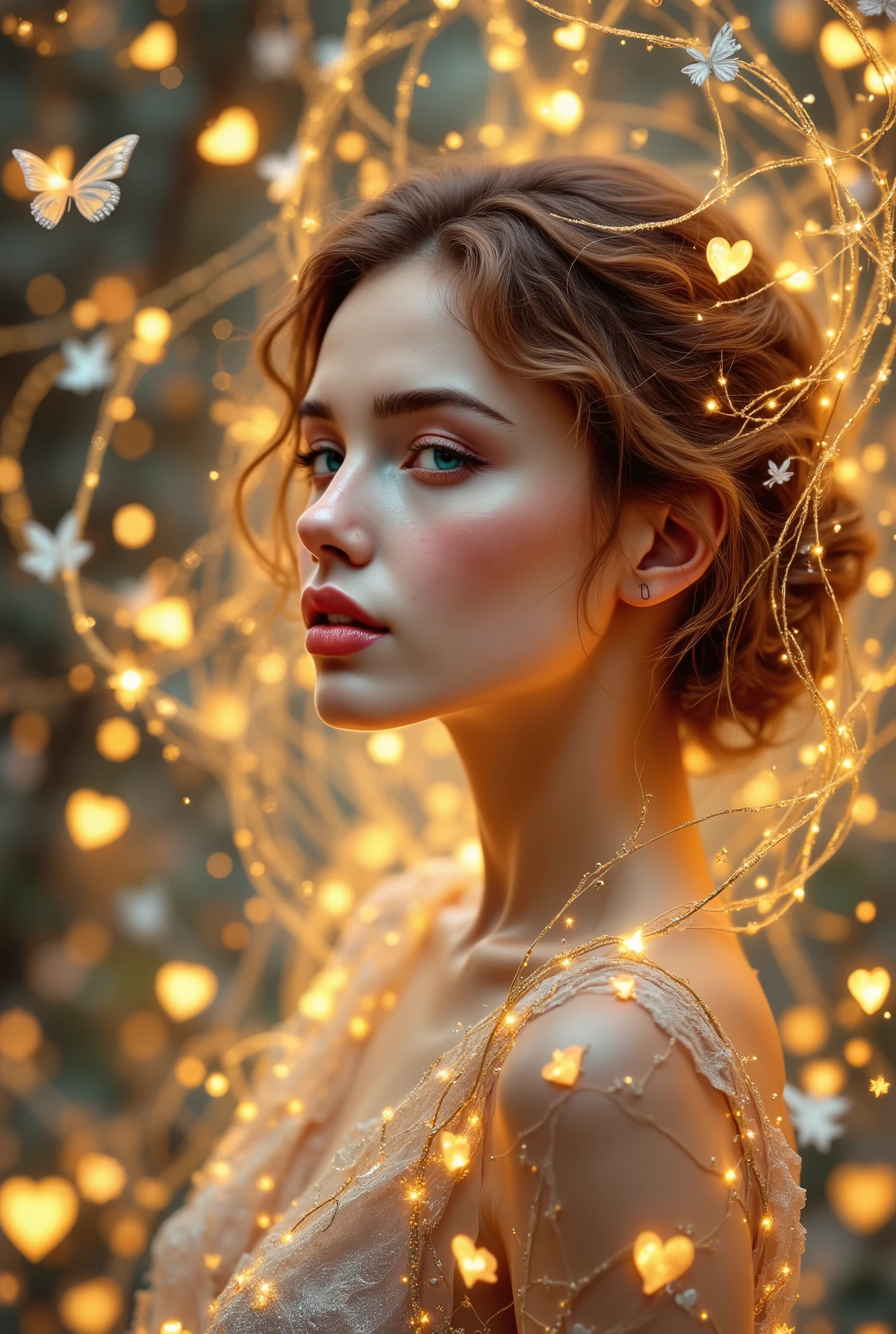 Pattern woven with magic gold thread with beautiful silver sparkles, The image of the girl , of such beautiful appearance with soft colors, beautiful deli in the form of hearts and butterflies, Delicately, beautiful, Masterpiece , 8 k, best quality, complex details, maximum quality, high quality, fantasy style,