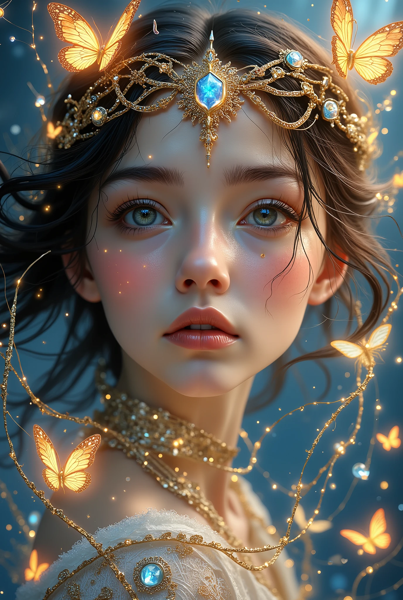 On canvas, complemented by magic, A pattern woven with a thread of magical gold with beautiful silver sparkles, The image of the girl , of such beautiful appearance with soft colors, beautiful deli in the form of hearts and butterflies, Delicately, beautiful, Masterpiece , 8 k, best quality, complex details, maximum quality, high quality, fantasy style, Fantasy,