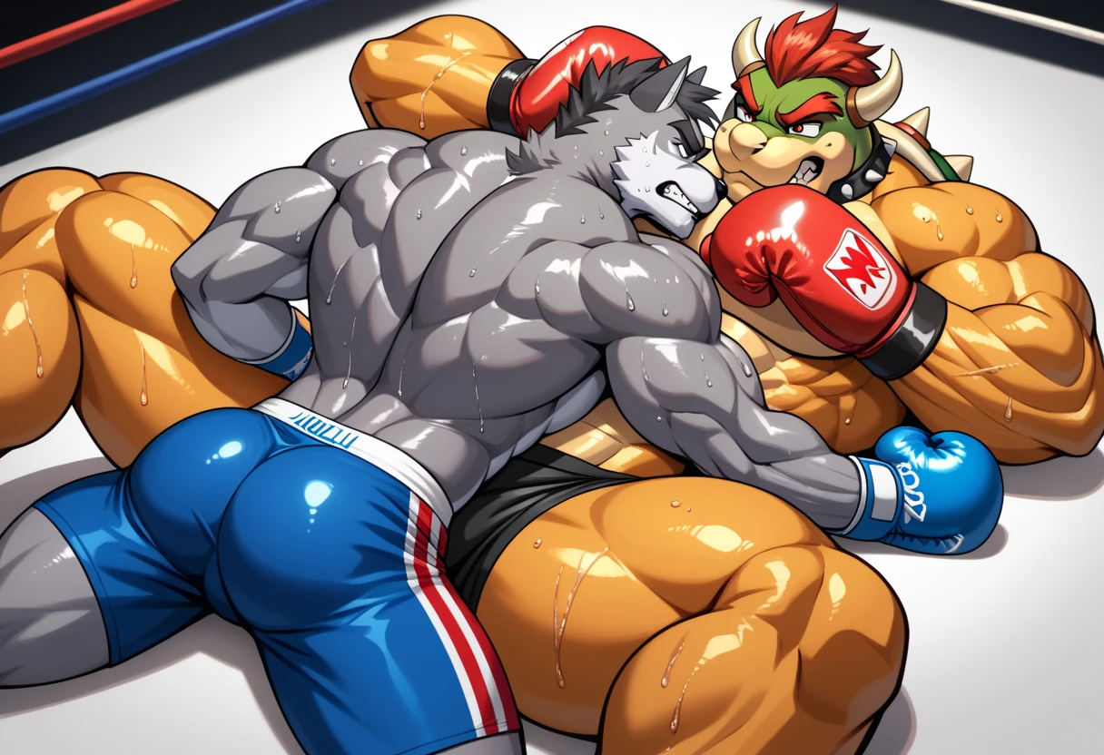 Duo male fighters(Brown Kangaroo vs Green Gator, handsomes, perfect eyes, Thick eyebrows), beso gay(cuddling kneeling, embraced from behind, in a boxing match), hot(Shirtless), handsomes(They are handsomes, correct anatomy), musculosos(Big muscle bodies, Six packs, muscle abs, big pecs, muscle legs, muscle backs), sweaty(very sweaty wet bodies), tatuajes(they have tattoos), Angry(They have an angry expression), boxing gloves(They both are wearing boxing gloves), Shorts(They are wearing black shorts), Hight resolution 