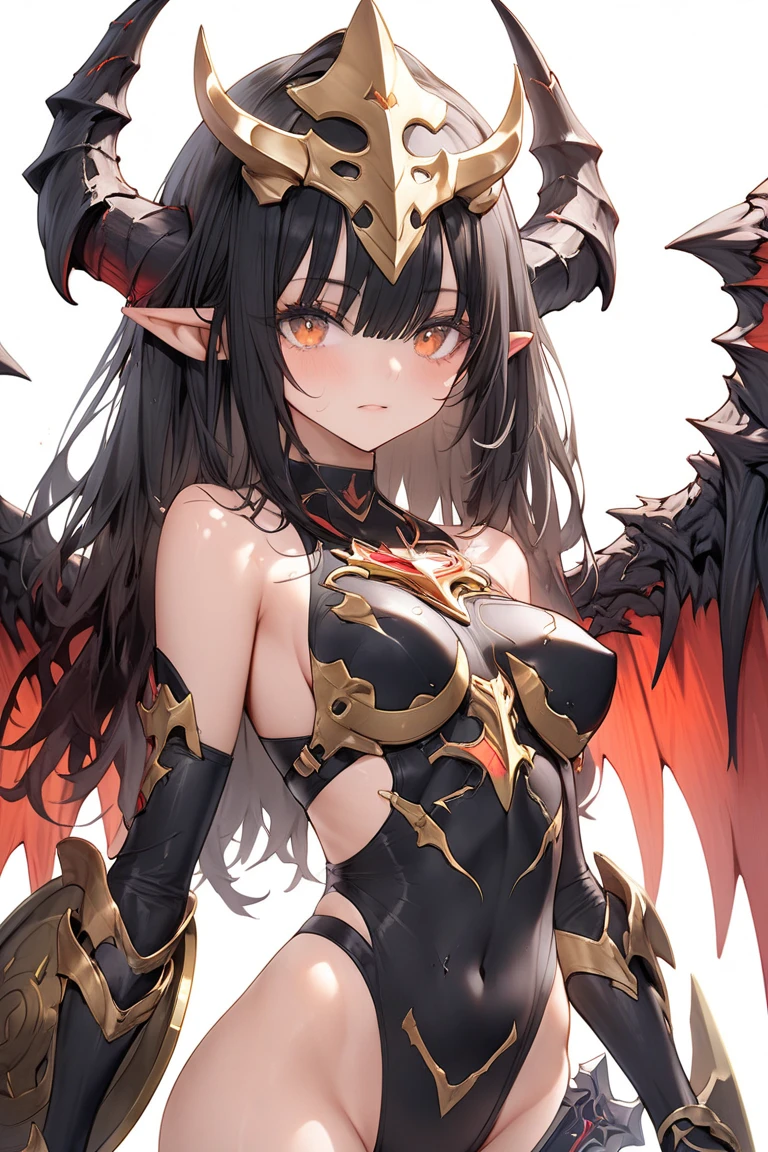 (score_9,score_8_up,score_7_up,score_6_up,score_5_up,score_4_up),1girl,solo, two-tone hair(red and black) half closed eyes, red eyes, vampire eyes, Long Eyelashes, very huge breast, black armor(dragon skin), Breast Curtains, curvy, Pelvic Curtain, side-tie panties, thigh, thick, hand on own hip, holding sword on side, white background, depth of field, masterpiece, best quality, realistic light and shadow, high key lighting, (balanced photo, balanced exposure), view from front, thigh to head,
