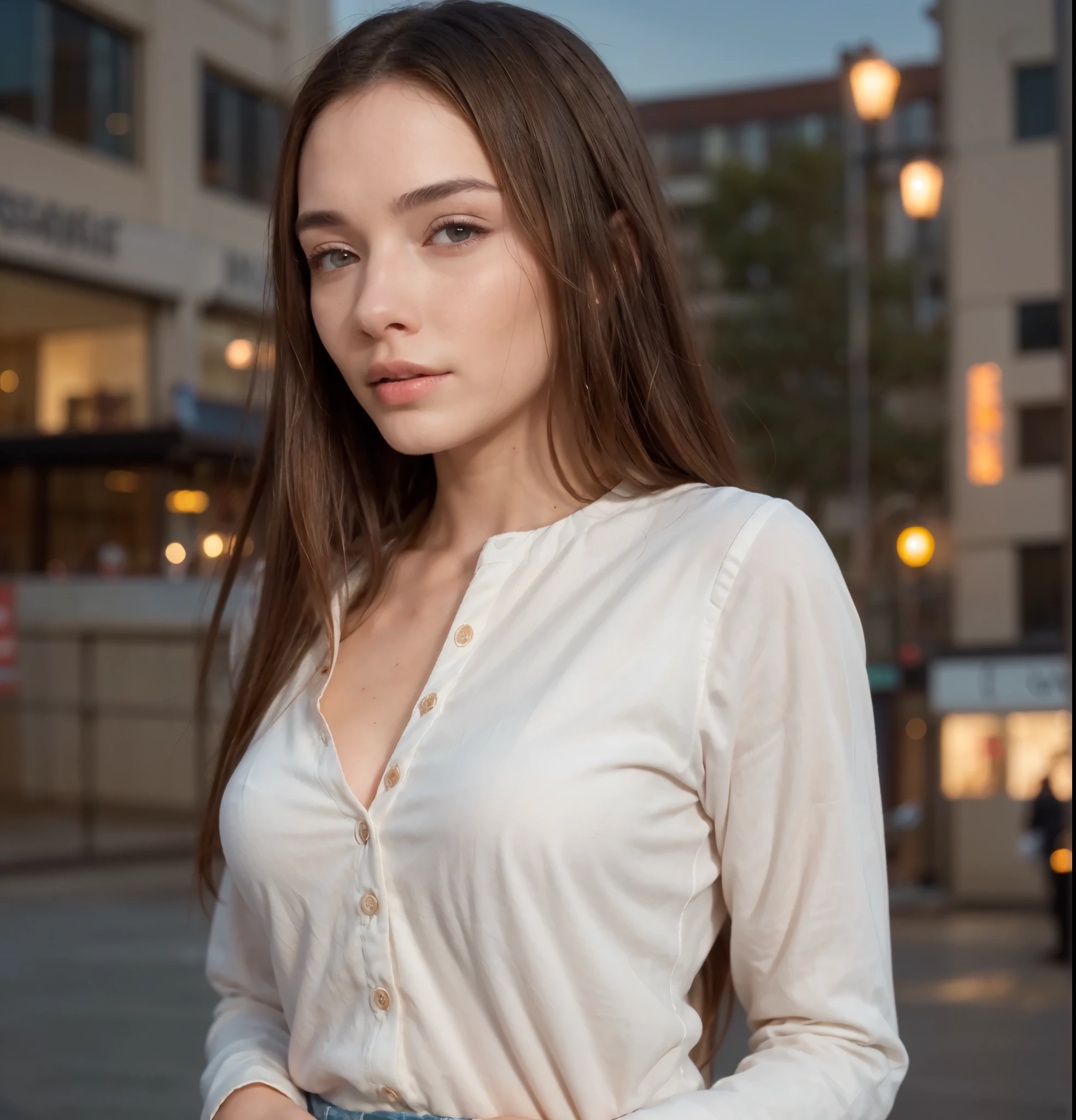 Beautiful woman with real AI, ((( night city : 1.6)), (Highly detailed skin: 1.5), Detailed eyes: 1.0, High quality lighting: 1.5, Beautiful, (closed long sleeve shirt, pants, Model legs: 1.5, (High class: 1.8), (Realistic: 1.4), (High quality real skin texture: 1.4), (Beautiful skin texture enhancement: 1.1) Well detailed eyes, Good quality eyes, Standing, 35 years old, Perfect body beauty: 1.4, Desire body: 1.2, Body that arouses passions, Her complexion must be impeccable, Shows her physical attributes, Real: 1.8,, (best quality)), ((masterpiece)), (detailed), perfect face, long hair, (textures!, hair!, shine, color!, specular lighting, dslr, ultra quality, sharp focus, very clear, eye color, submissive face, exhausted, calm