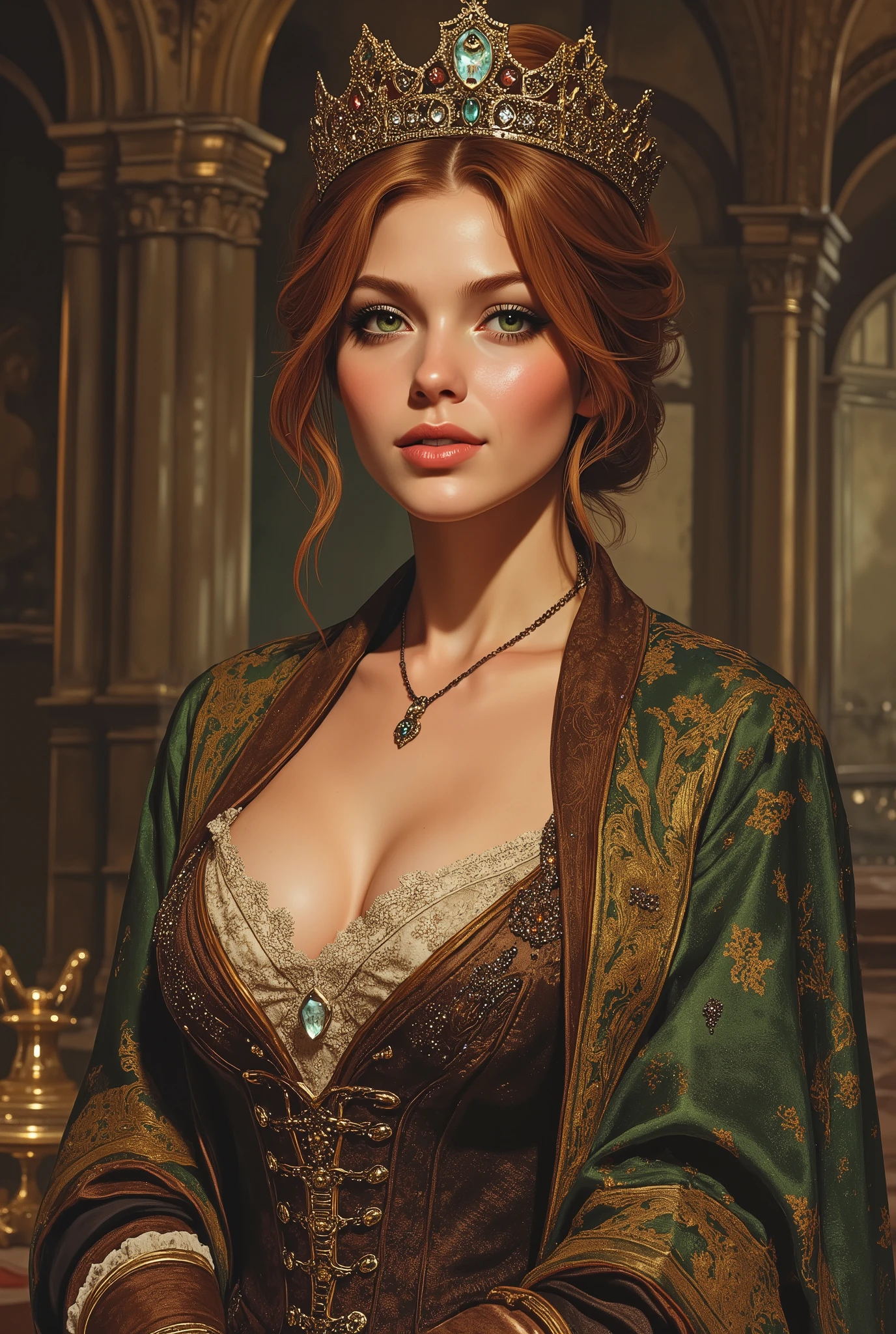 illustration of A stunningly beautiful girl, sexually suggestive illustration, medieval setting, full body, ultra slim juvenile noble baroness, very young apperearence, beautiful face, very ish appearance, stunningly beautiful, beauty in perfection, lordly, auburn hair, emerald green eyes, narrow cheeks, ample cleavage, , charmful, very narrow face, very pale, bright eyes, noble and elegant narrow medieval lace silk dress with very low-cut decollete and trumpet sleeves, underneath a tight corset, ultra expansive and deep neckline, magnificent finely chased baroness crown richly set with gemstones and a veil, choker, brocade coat, body portrait, intimate, she stands in a noble pose in a castle setting, she is smiling at the viewer with a mischievous expression, seductive smile, sultry look, smirk