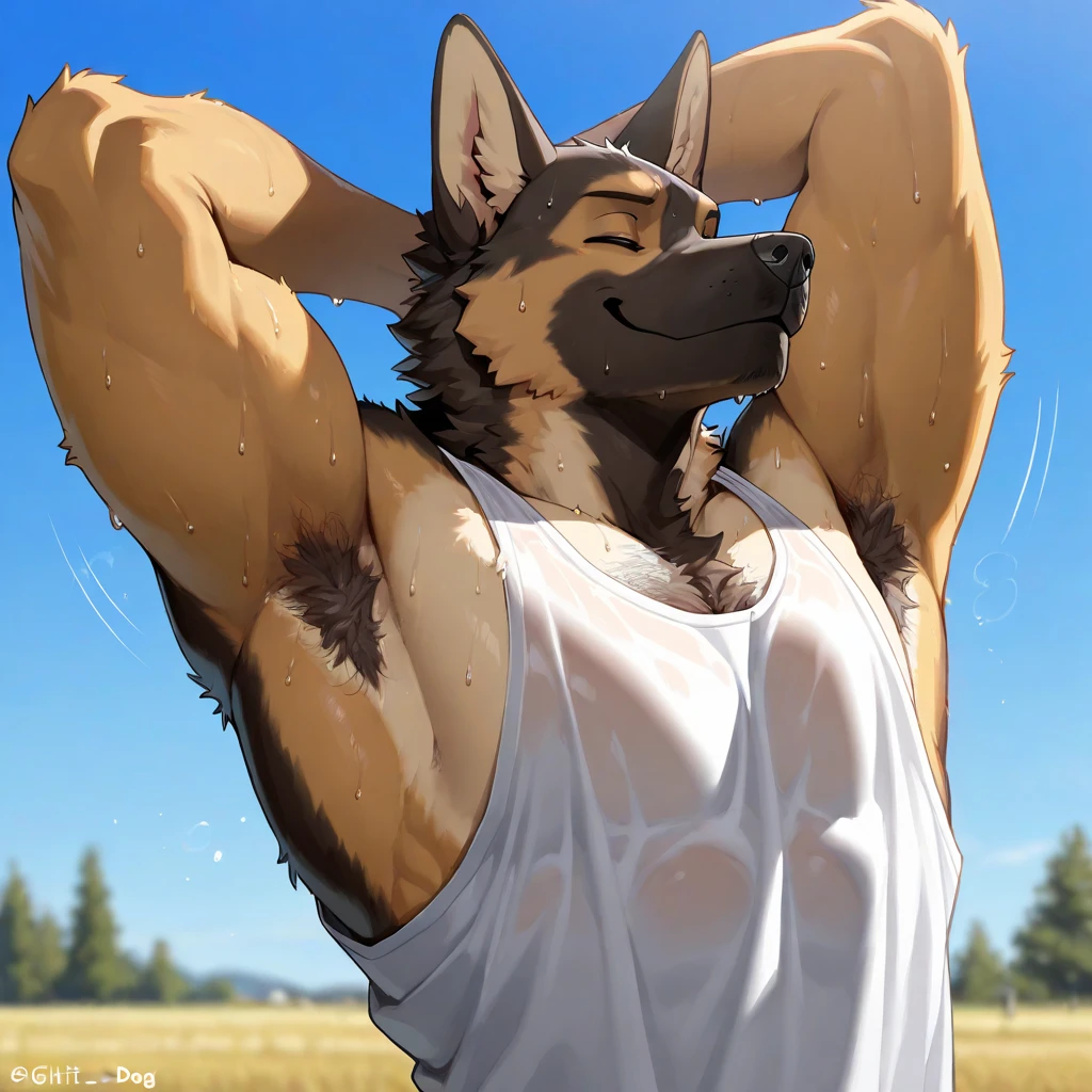 Spicy portrait of a furry german shepherd alone seductive smile wearing a sexy thong and a white t-shirt looking at the viewer beautiful and sexy red eyes muscular man a realistic house background outside outdoors hot and rough posing for camera endowed porn actor gay body delicious dream daddy adult 25 years HDR 32K