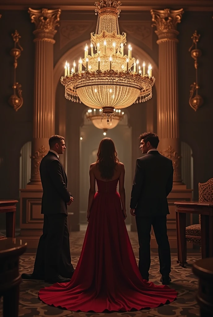 She stands in the middle of a grand hallway—elegant but cold, the walls lined with old portraits and secrets. The air is thick with tension. Shadows dance across the marble floor from the soft glow of a crystal chandelier above.

Roxie is the center of it all. Young, fierce, and undeniably beautiful. Her long waves cascade down her back, her dress clinging to her frame in all the right places. There’s defiance in her eyes, but something softer lingers too—something raw.

Behind her are three men.

Dominic—tall, silent, unreadable. Dressed in black, he’s all sharp lines and cold stares. He watches her like a predator, arms folded, jaw tight, as if daring anyone to touch what’s his.

Lucian—danger wrapped in beauty. His smirk doesn’t reach his eyes. There’s fire there, a dark one. He’s the one who knows her buttons and loves pushing them. He’s close enough to make her flinch, but not close enough to touch—yet.

And Ryan—wild and wicked. Leaning casually on the wall, he looks amused, like he already knows how this story ends. There’s mischief in his grin, but a dangerous edge in the way he watches her.

These brothers have always shared everything—power, secrets… women.

But now Roxie’s in their world.
And she’s not so sure they’re willing to share this time.

Design this scene: rich, moody colors like crimson and black. A mix of elegance and danger. A cover that looks like a secret waiting to explode.