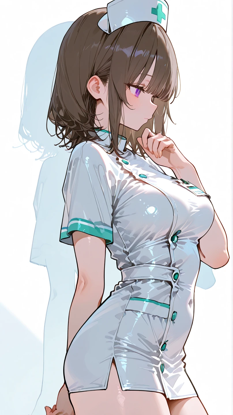 An Asian pretty teenage nurse in white nursing pants, slender, large hips, slim waist line, straight short hair, cleans her thin fingers with large amount of white sloppy liquid.