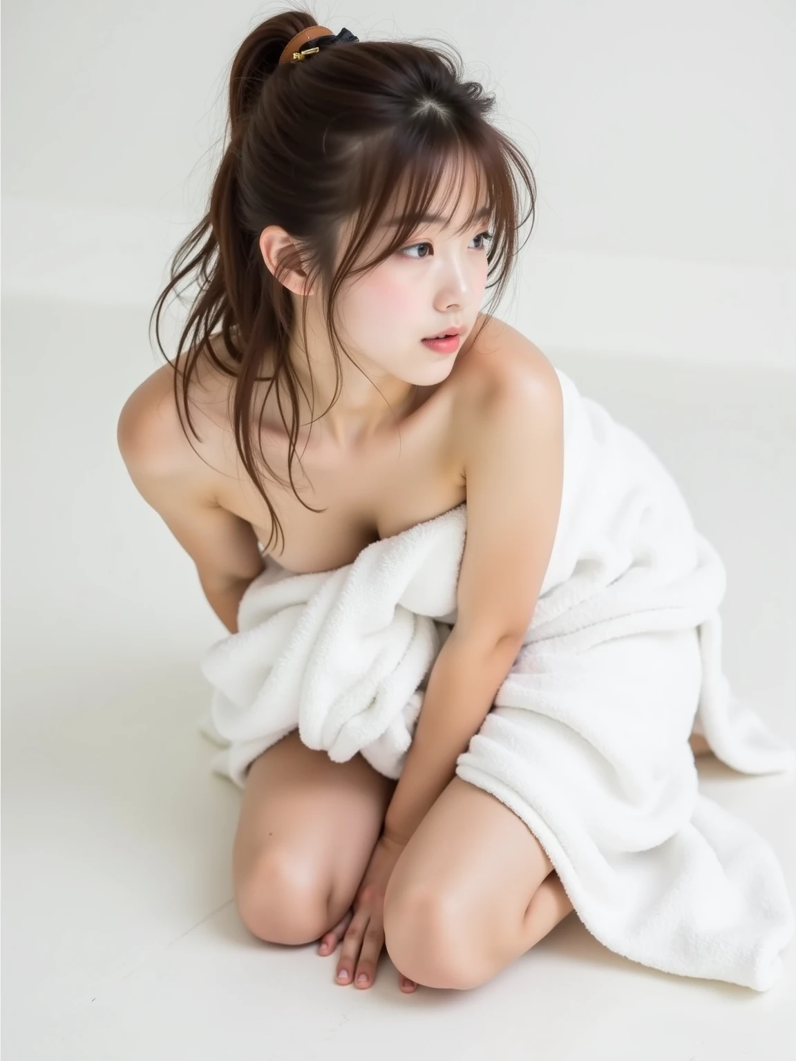 One Girl, (Beautiful girl, Delicate girl:1.3), (14 years old:1.3),
break, (Roll up a towel, White towel:1.2),
break, (Bedroom:1.2), (On all fours:1.3),
break, Very beautiful eyes, (Symmetrical eyes:1.3),
break, Small breasts, Brown eyes, Parted bangs, Brown Hair, (Upper teeth, The best smile:0.2),
break, (Eye and facial details:1.0),
break, (masterpiece, Highest quality, Super detailed, Detailed face, 8K)