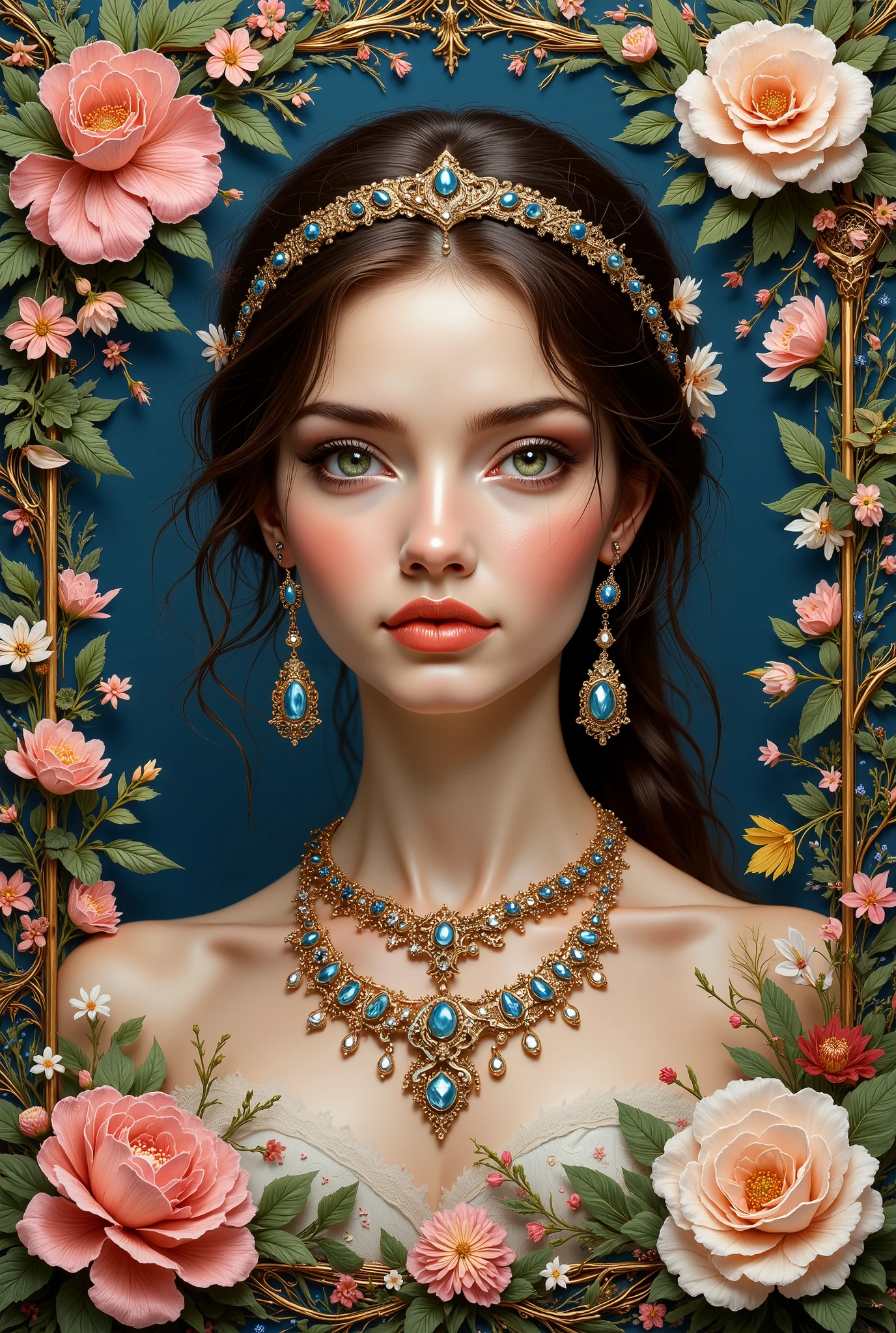 Sewing style, The beautiful canvas is embroidered with an image of a girl, beautiful jewelry and attractive appearance, patterns complement each other, covers delicate flowers , Masterpiece , high quality, best quality, wow ,