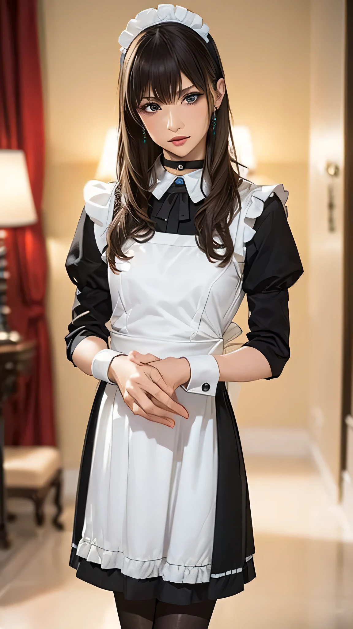 (((Maid clothes with a sense of cleanliness))),(((Strict look)))ultra high definition , mature women, mature women, very well detailed, (()), perfect hands with full nudity, Fine fingers , beautiful details , ((Long, long hair)),(()),black choker, earrings,perfect eye, seductive eyes, (((Clean black socks))),((cowboy shot hiding underarms)),((luxury hotel)),((loafers)),(()),(()),(())