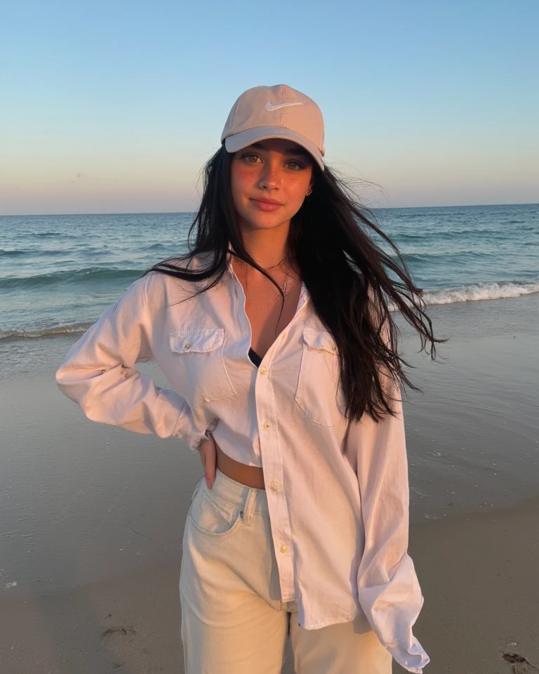 Christen Harper con una hermosa cara madura, cabello recogido, cejas grandes y tatuadas, con senos extra grandes. Mirando directamente al espectador, brunette, Representado de manera realista, wearing a black baseball cap and white t-shirt that complements his hair color, mostrando sus hombros y cuello, voluptuosa, con un bronceado acentuado y joyas elegantes, lipstick staining her lips, nariz definida, sonriendo en la playa de Galapagos