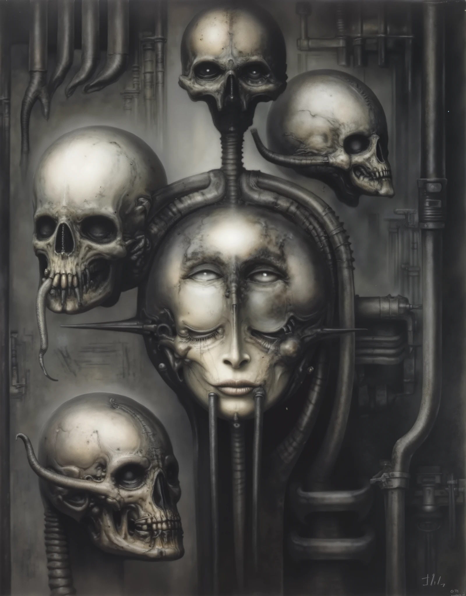 Please reproduce the original image as accurately as possible, capturing the intricate details of the biomechanical structures, the dramatic lighting, and the overall sense of unease. Find and enhance depiction of Giger's demons and creatures.(best quality:1.4). Use DARK BLACK COLORS.The final image should evoke the same sense of awe and dread as the original artwork by H.R. Giger,, (best quality:1.4), H.R. GIGER, BY GIGER, a mural depicting a antient dark god with dark powers connected to death and darkness, tendrils stretch from there fingertips, monsters lay at there feet, it is the mother of monsters, she feeds the monsters via tentacles on her fingertips, mother of all monsters, codex, her eyes shine, golden details, she feeds monsters, symmetrical, perfect, evil, darkness,