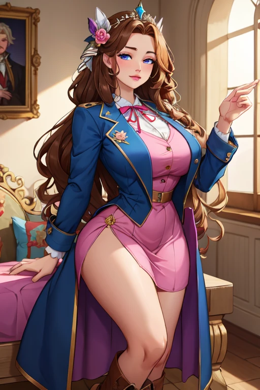 woman((30 years old)), hair((wavy, golden brown)), eye((smart eye, green)), Clothes((new york fashion week, Purple)), smile, Proudly, random hairstyles, accessories,Costume with large open chest,super mini skirt,lace costume,revealing costumes