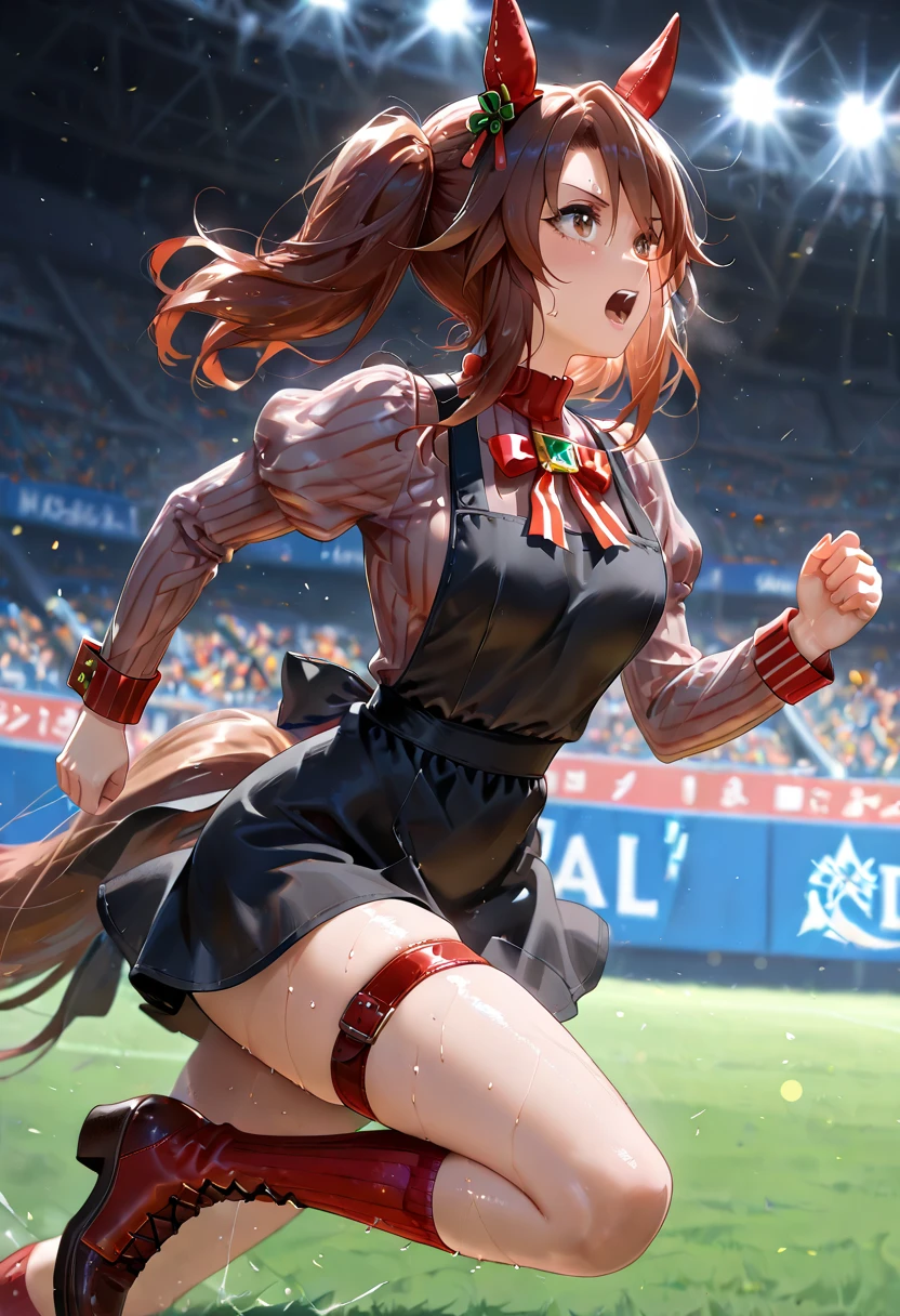 Silence Suzuka、Horse Girl、Best image quality、High resolution、masterpiece、super high quality、Arena、Run、颯爽とRun、Sweaty、Very short pleated skirt、Heavy breathing、blush、4k quality、Black Pantyhose、Voluptuous thighs