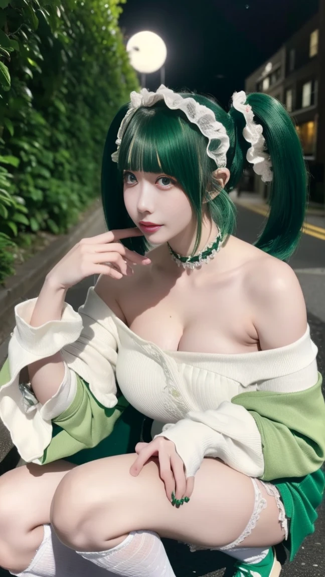 there is a woman with green hair and a white fur coat, anime girl in real life, mikudayo, anime girl , thicc, green fur, shikamimi, tatsumaki from one punch man, v from devil may cry as an elf, anime , lily frank, fur covering her chest, bulma from dragon ball, belle delphine