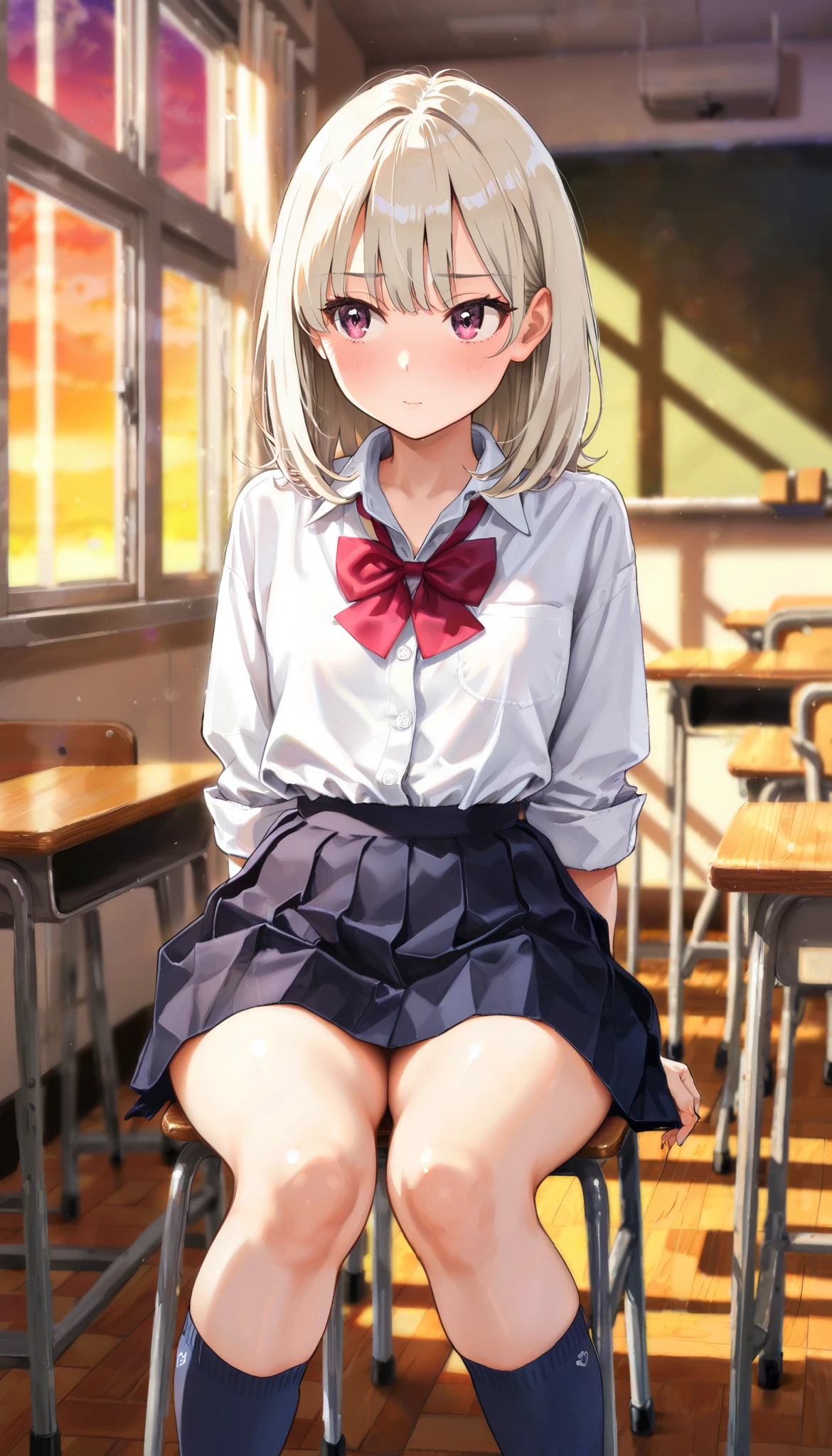 top quality , details, 18 years oldの美しいgirl1人 ,,( platinum blonde medium hair ),、 gal、 1人のgirl, sit at the desk, Suggested gender, , girl, 18 years old, , beautiful face, White Dress Shirt, button, in a school classroom, Dusk, darkroom, masterpiece, top quality, great quality, very aesthetic, latest, , 非常にdetailsな, extremely detailed, explicit、、blushes、Front Map、 healthy thighs、 navy socks 、pleated skirt、miniskirt、 arm roll up、look away、is shy