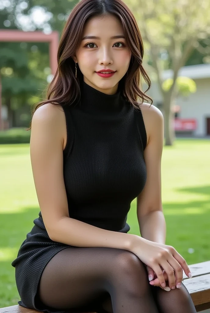 ((((top-quality))))、(((Ultra Precision CG16K Wallpapers)))、(((​masterpiece)))、(((ultra-detailliert)))、(((Ultra-extreme details)))、One Woman、a matural female、24-year-old woman、((Japanese face))、((Extremely beautiful face))、(bob cuts:1.2)、(Curly hair)、Bangs up to the eyebrows、beautiful brown hair、Beautiful delicate eyes、Brown eyes、lofty nose、small nostrils、sexy lip、Beautiful breasts、C-cup size breasts、cleavage of the breast、Beautifully proportioned proportions、perfect anatomia、Beautiful and detailed shading、Beautiful natural light、Beautiful detail glow、depth of fields、(((a high chroma)))、((realisitic:1.9))、((Vivid：1.4))、((Beautiful skin))、((Skin Texture))、dynamic ungle、((Full Body Angle))、((Angle from the front))、((Smile))、Bright sunshine、((Sit on a park bench:1.5))、(Background blur)、((Wine Red Color Turtleneck Knit One Piece Dress))、(Sleeveless)、((a miniskirt))、((2 beautiful legs))、