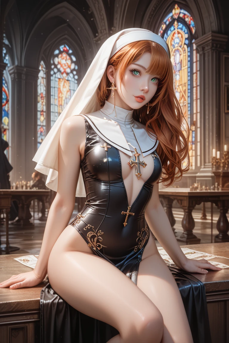 Japan maiden posing in pearl white leather corset,((small tits,well-shaped bust,slim body and constricted waist,,,,,,,,,,,,,,,,)),,,,,,,,, (((Absolute full-length images,front-facing view))),honey birdette, White silk panties&Transparent Panty House、 Sexy corset in white color, Medium, Long White Leather Boots, lace decoration ,Cybernetic style,nippless,short hair of dark chestnut color,,,,,,,,,,,Inside the cathedral