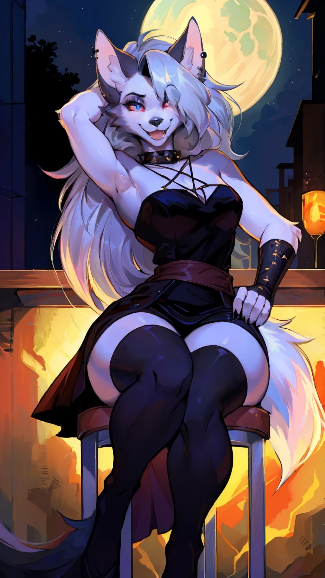 small animal_ears,mature_female,cute,furry_girl,wolf_girl,Elegant figure,193cm tall,Model's body_type,detailed_eyes,silver_hair,cute_ears,wolf_ears,black robe,leggings,fluffy_furs,earrings,upper body,stocking with garterbelt,neck garter,(perfect detailed eyes:1.5),jewelry, blank eyes,brooch,smiling,(front:1.5),(furry:1.5),long lashes,flowy chiffon,well-proportioned figure,(thick thighs:1.1),perfectly high-detail facial features,(perfect detailed eyes:1.5),silky long hair,masterpiece, best quality, Ultra-high quality, Ridiculous details,(best quality,4k,8k,highres,masterpiece:1.2),ultra-detailed