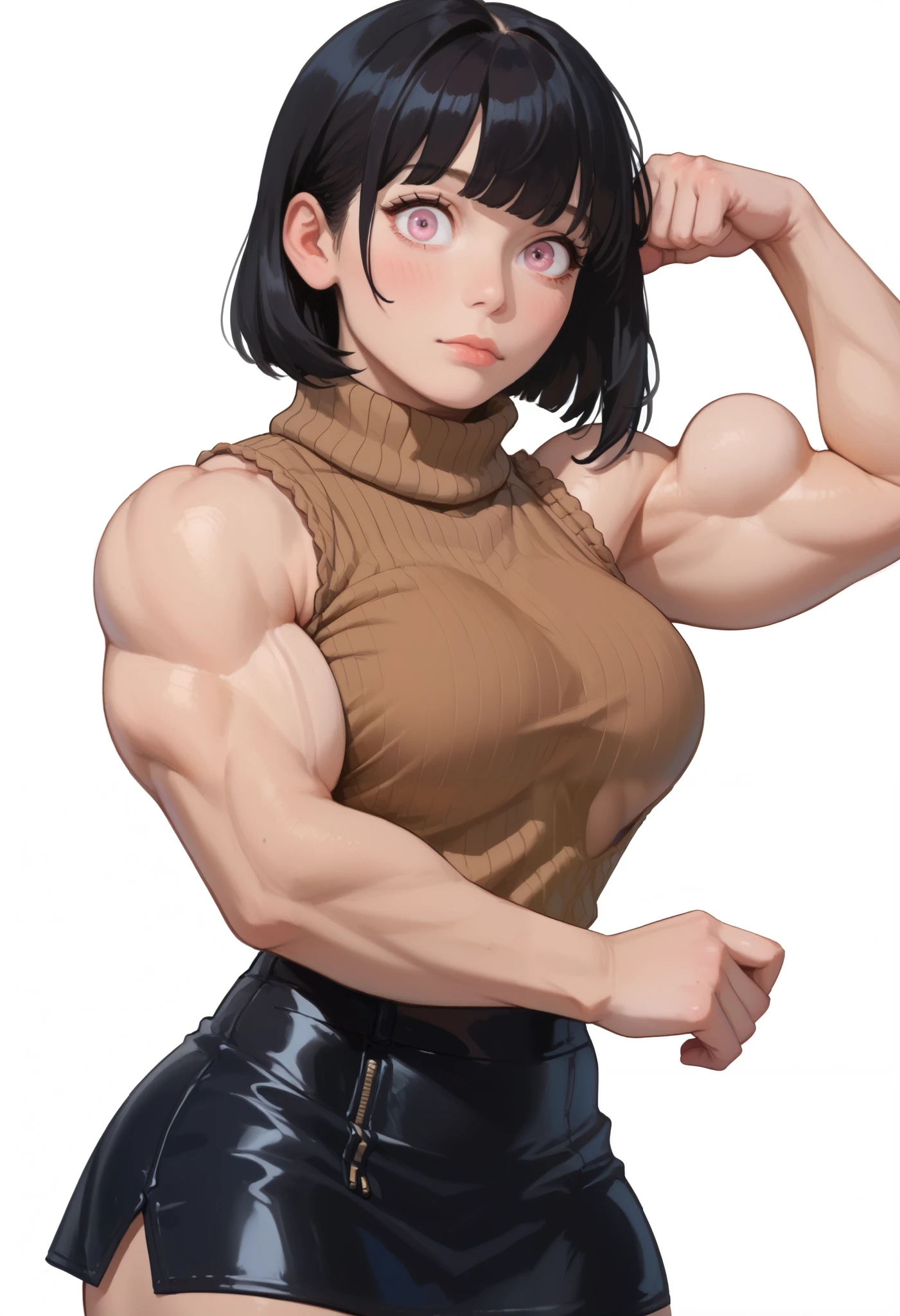 ((White background)) ((Russian girl)) (solo), 1 girl ,(30 years old), rathing_questionable (Brown sleeveless turtleneck sweater:1.4) (Black leather A-line mini skirt:1.2), (Short black hair with bangs), (narrow-eyed) pink eye ,((hyper muscular:0.7)) ((big breasts:0.9)) ,sexy, strong , (muscular) tall , shy (Flexing arm:0.8)