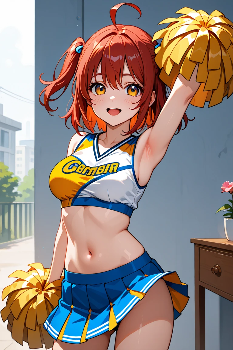 <lora:cheerleader_outfit:0.4> wearing cheerleader outfit, holding pom poms, purple clothes,, ultra detailed, masterpiece, best quality, aesthetic, detailed,, solo, seductive smile, red lips,
1girl, purple eyes, red hair, blunt bangs, medium breasts, <lora:hair_rings:1> low hair rings, <lora:EllaNyan:1>,