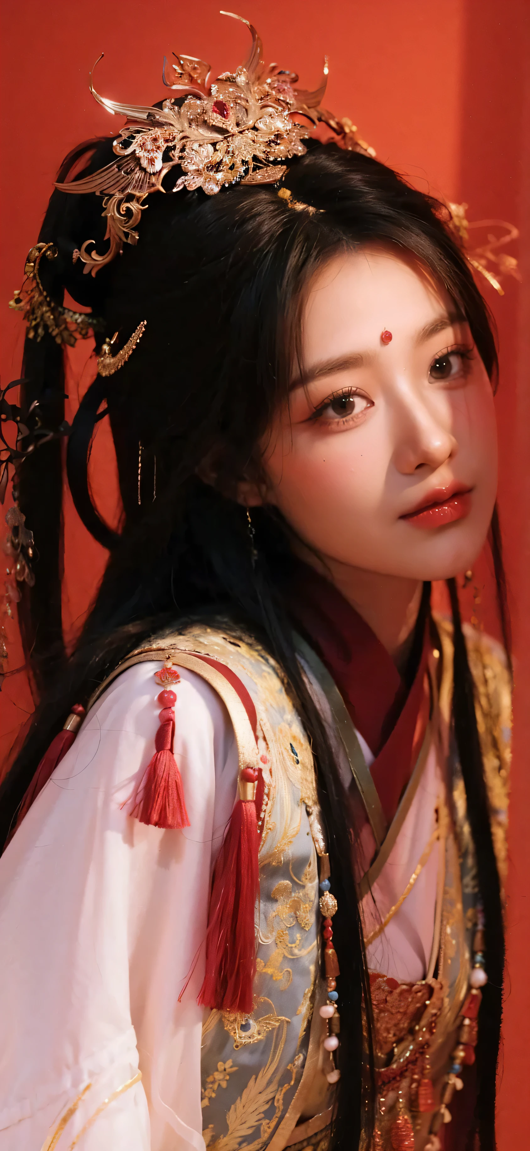 araffe woman in red dress with red flower in her hair, palace , a girl in hanfu, inspired by Lan Ying, wearing ancient chinese clothes, inspired by Huang Ji, a beautiful fantasy empress, inspired by Qiu Ying, hanfu, ancient chinese princess, inspired by Lü Ji, ((a beautiful fantasy empress)), guweiz, traditional beauty